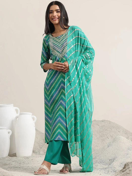 Green Printed Rayon Straight Suit With Dupatta