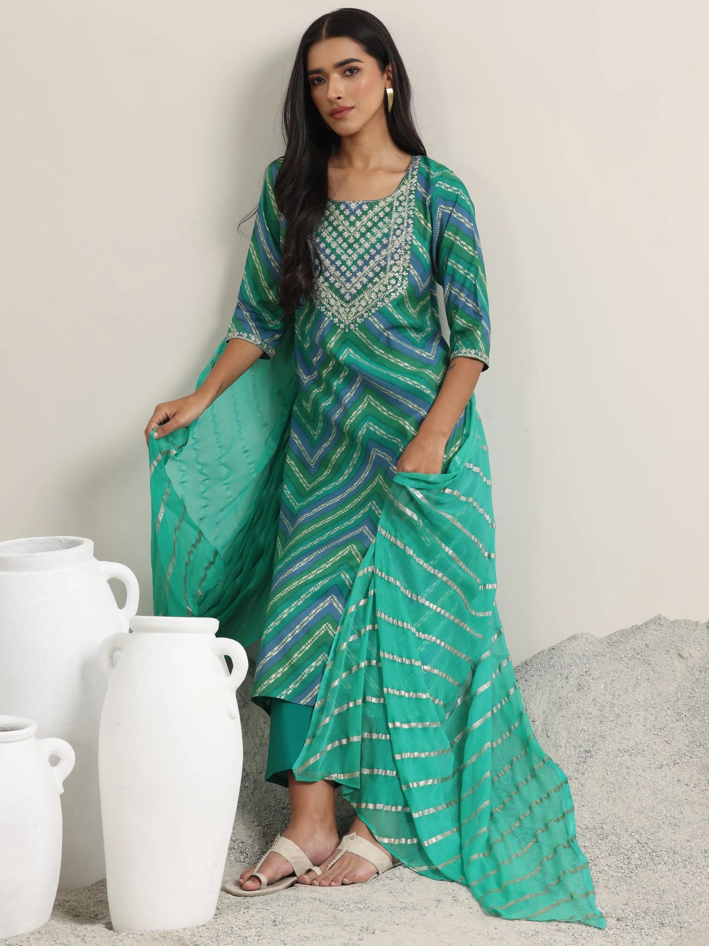 Green Printed Rayon Straight Suit With Dupatta