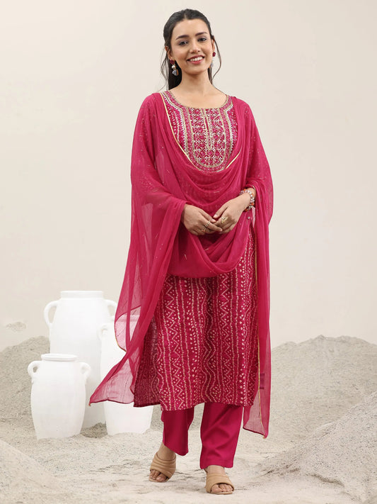 Pink Printed Rayon Straight Suit With Dupatta