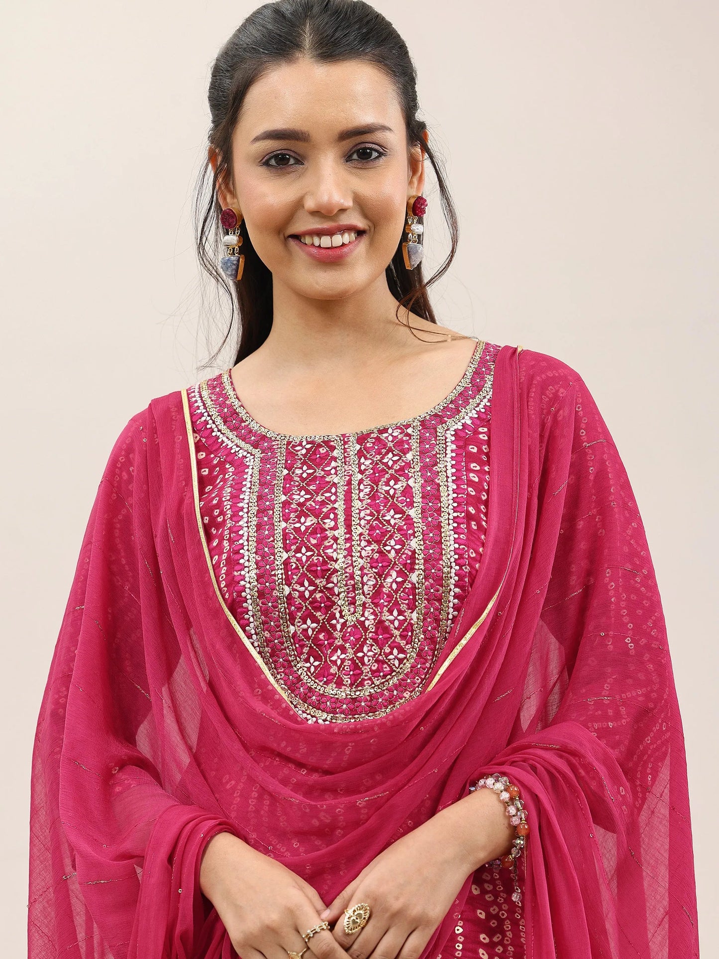 Pink Printed Rayon Straight Suit With Dupatta