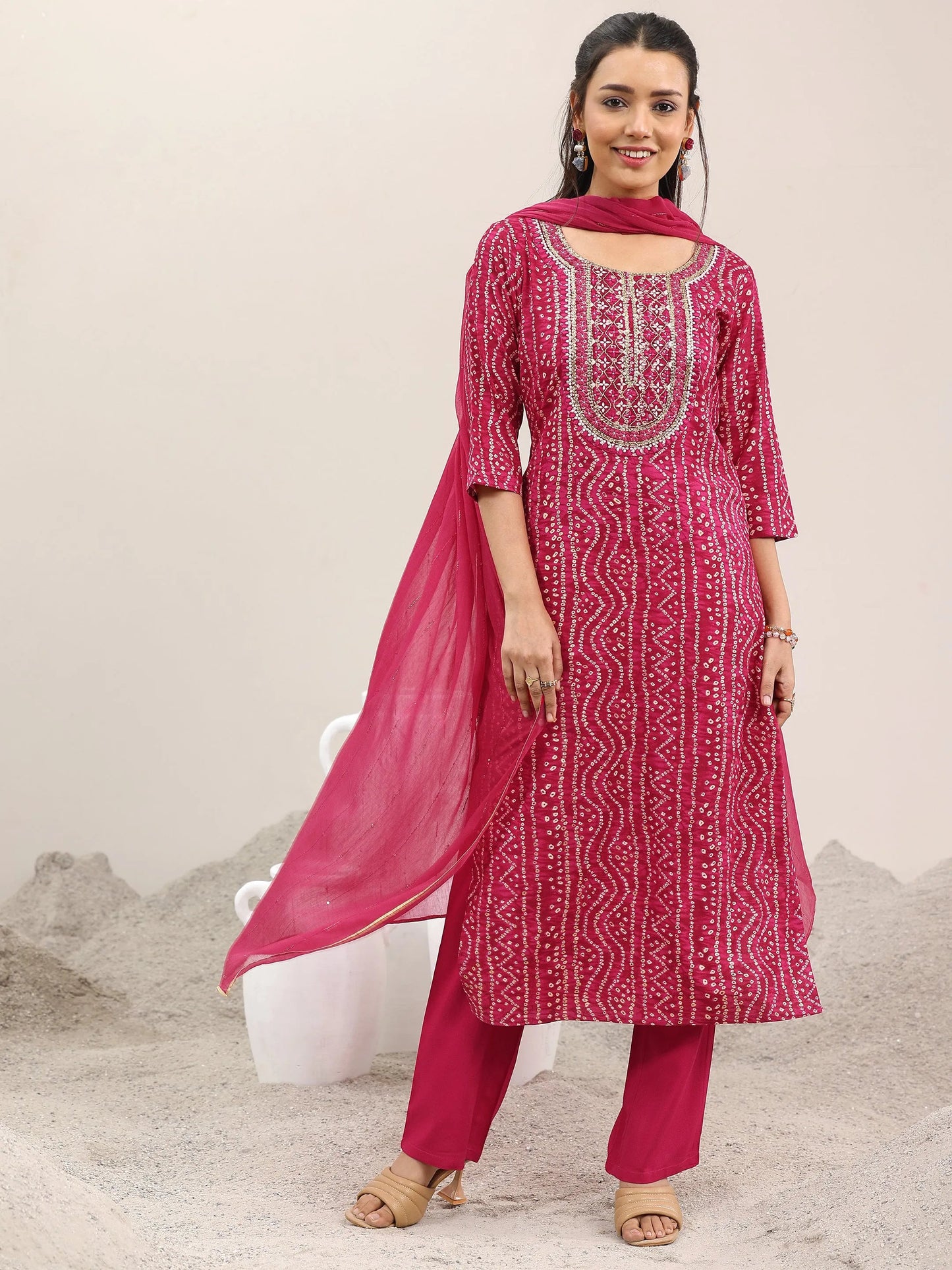 Pink Printed Rayon Straight Suit With Dupatta