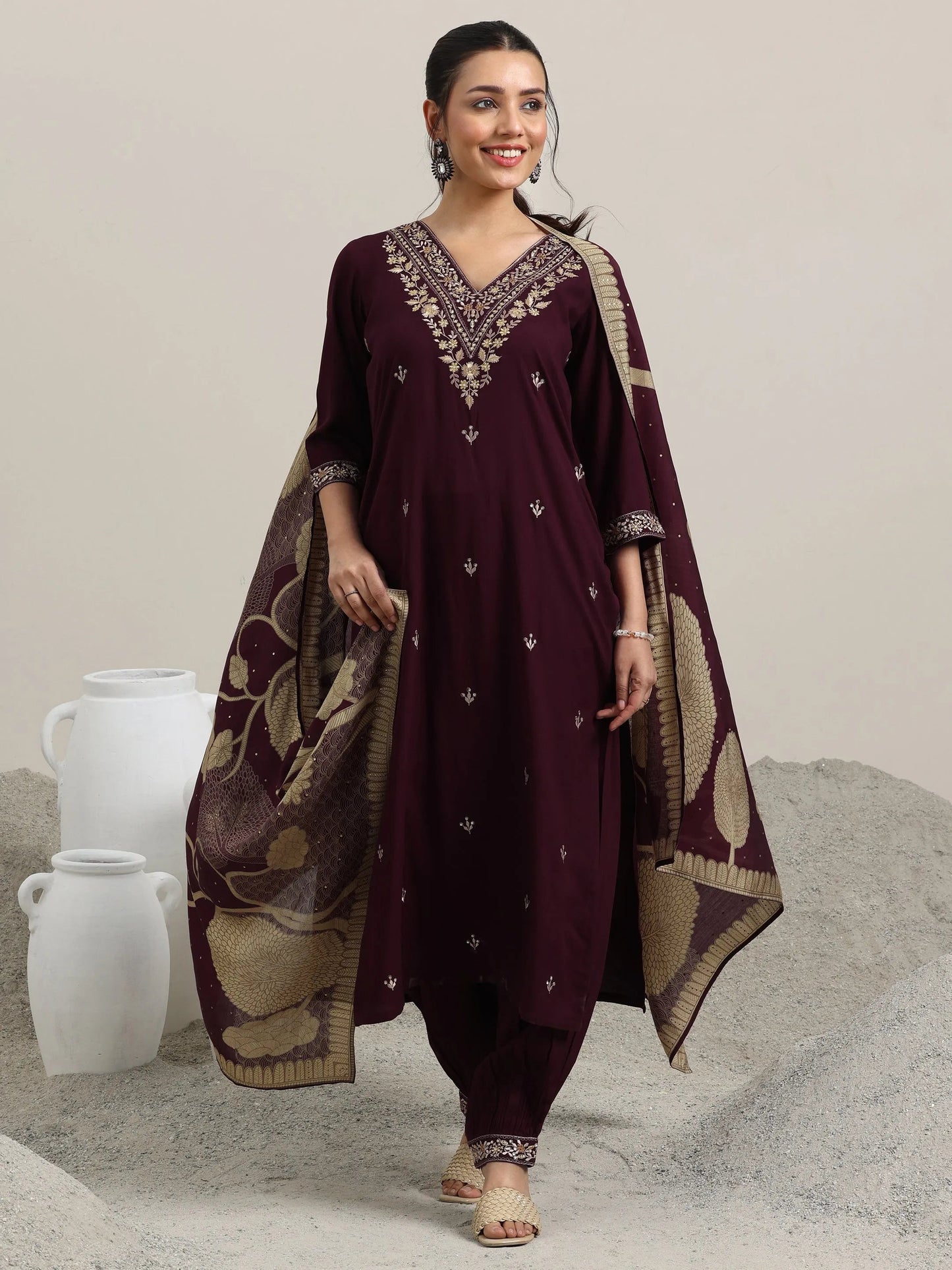 Burgundy Embroidered Rayon Straight Suit With Dupatta