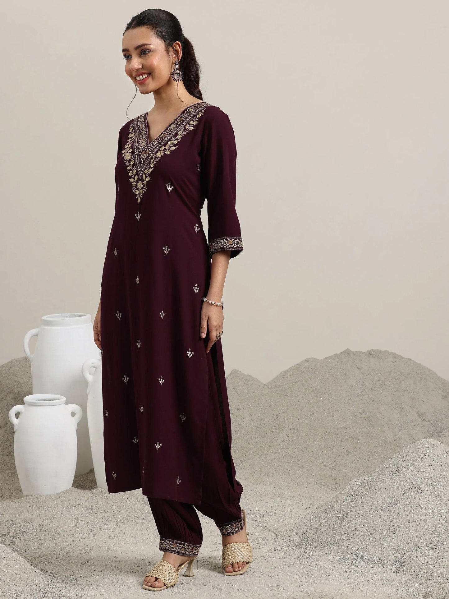 Burgundy Embroidered Rayon Straight Suit With Dupatta