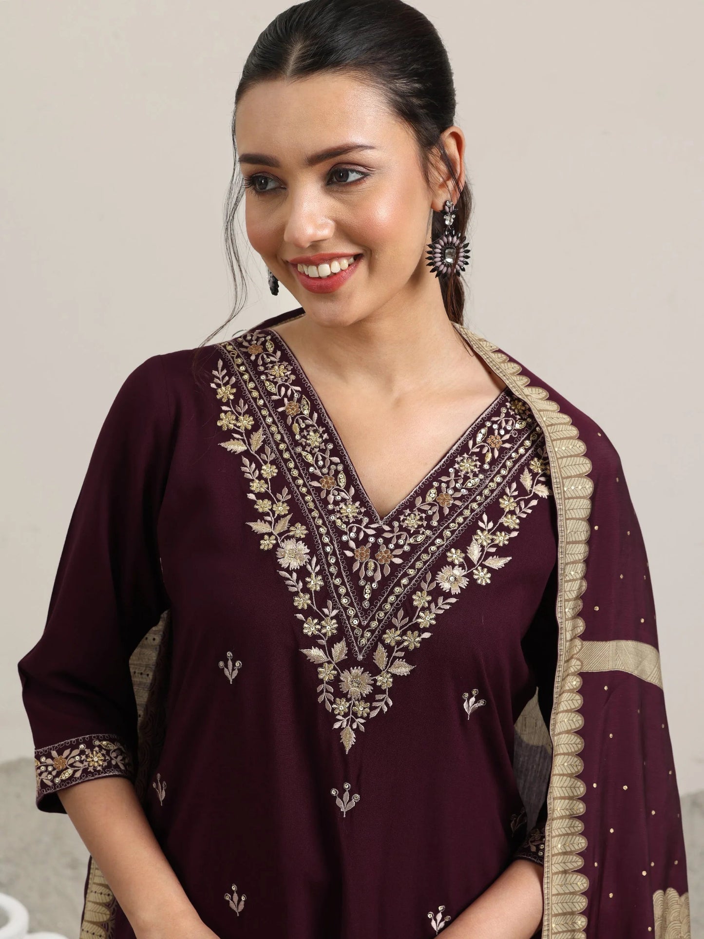 Burgundy Embroidered Rayon Straight Suit With Dupatta