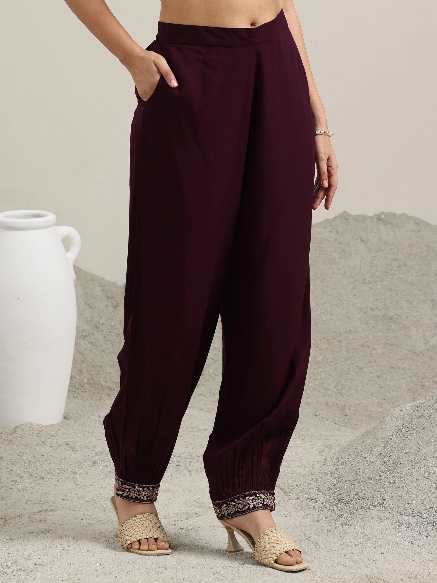 Burgundy Embroidered Rayon Straight Suit With Dupatta