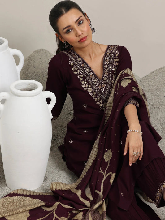 Burgundy Embroidered Rayon Straight Suit With Dupatta