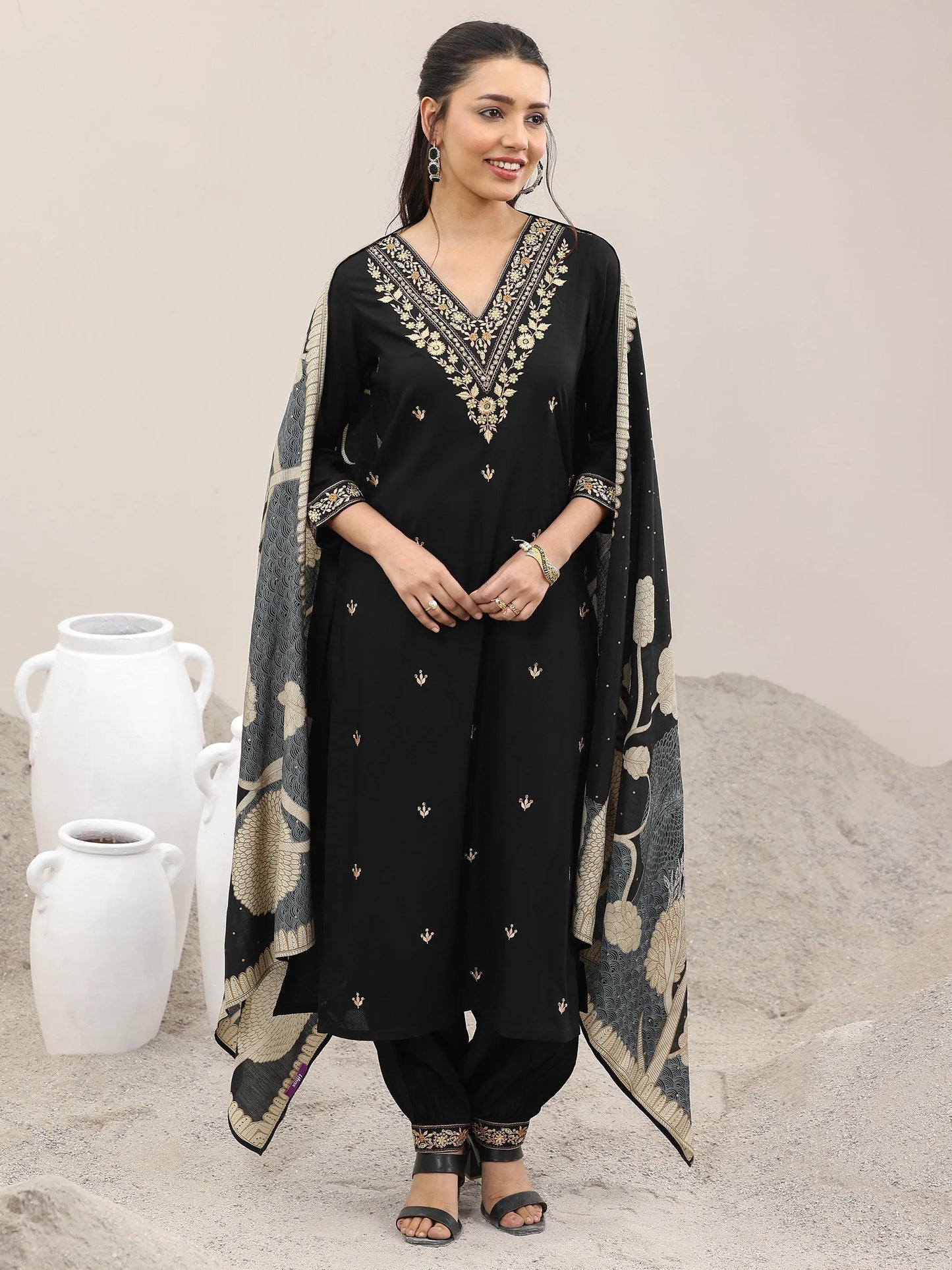 Black Embroidered Rayon Straight Suit With Dupatta