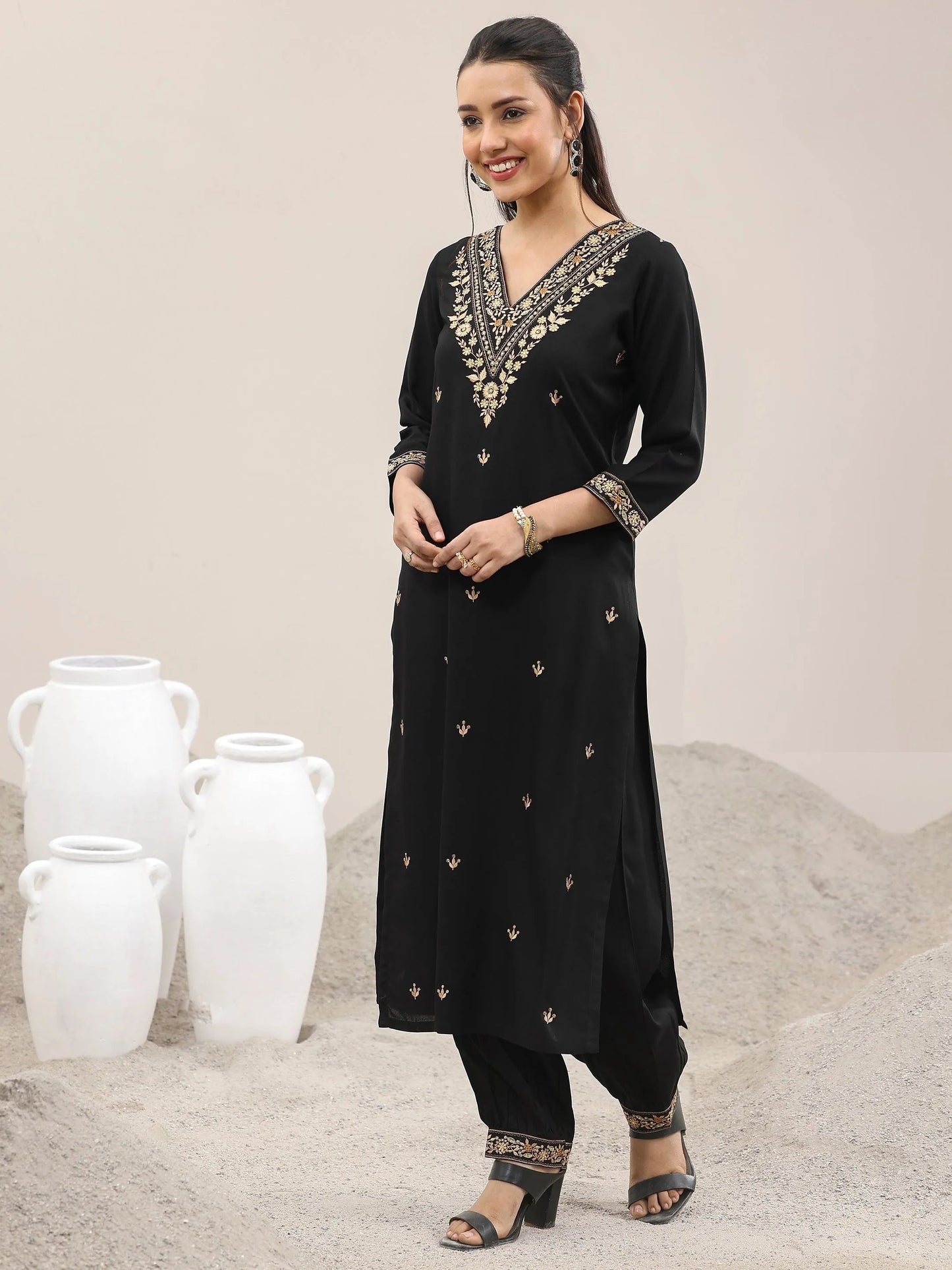 Black Embroidered Rayon Straight Suit With Dupatta