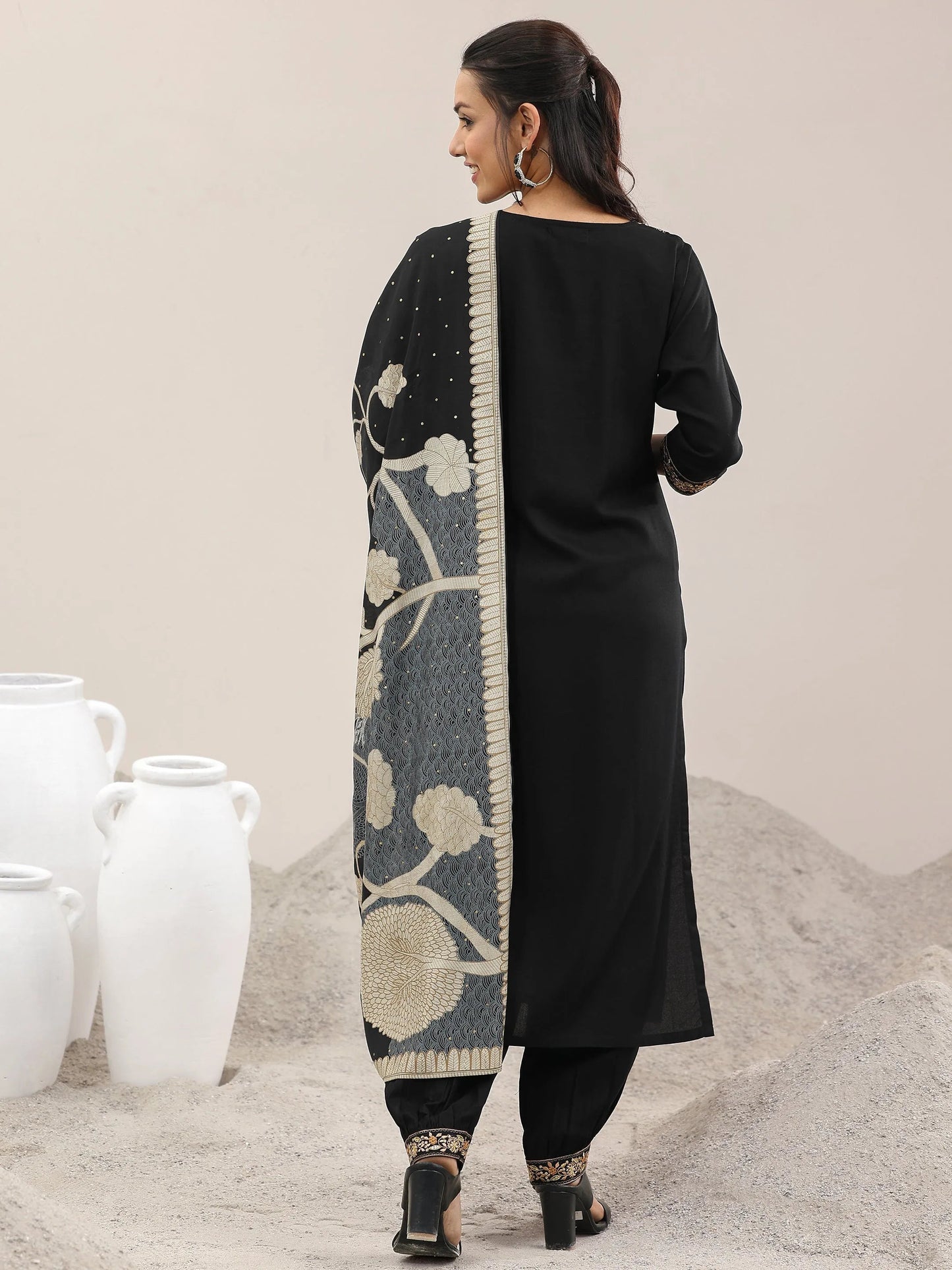 Black Embroidered Rayon Straight Suit With Dupatta