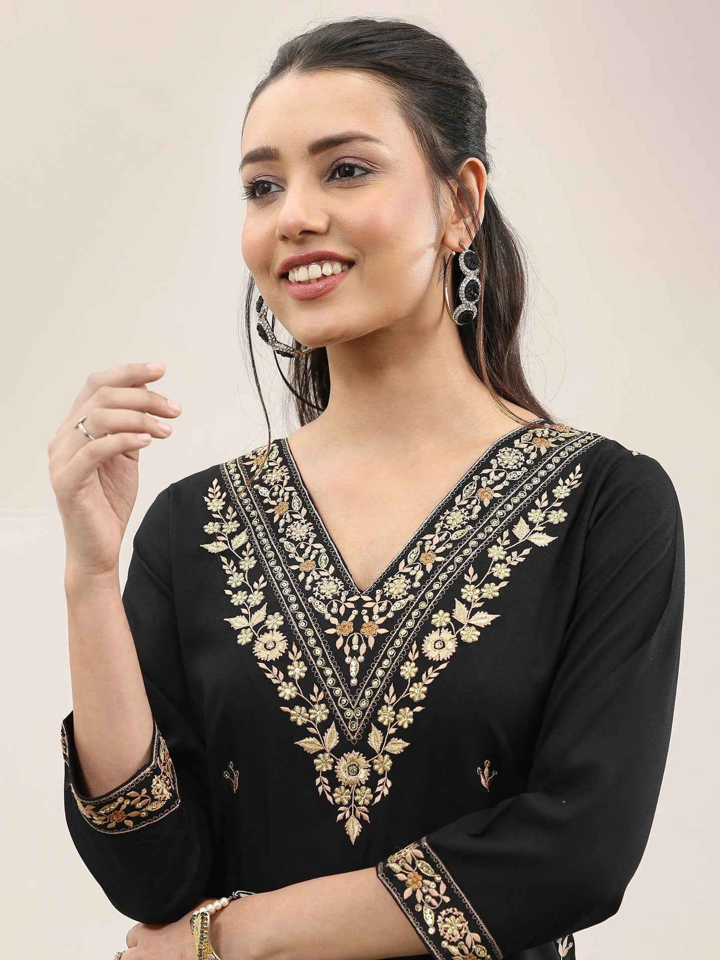 Black Embroidered Rayon Straight Suit With Dupatta