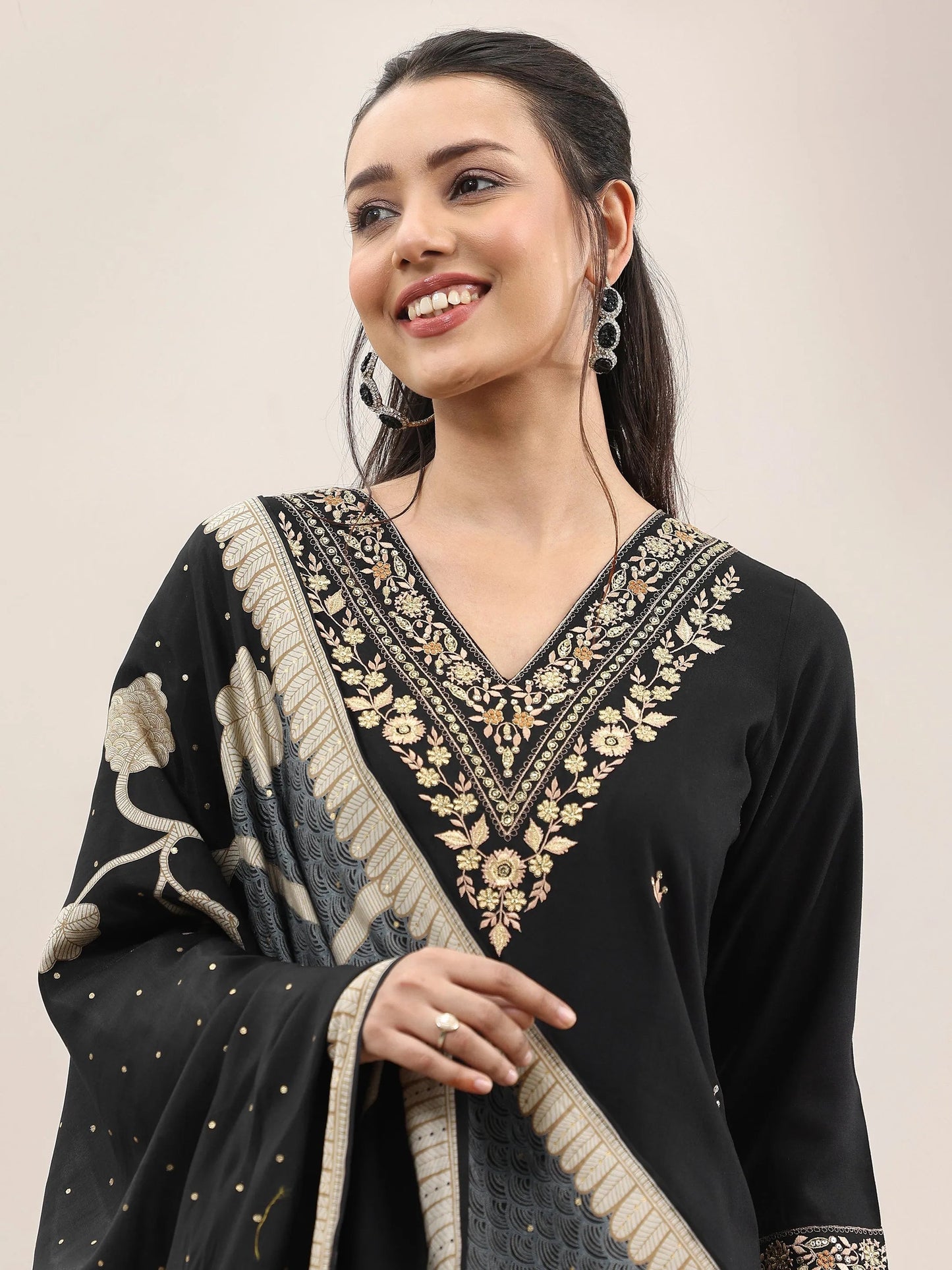 Black Embroidered Rayon Straight Suit With Dupatta