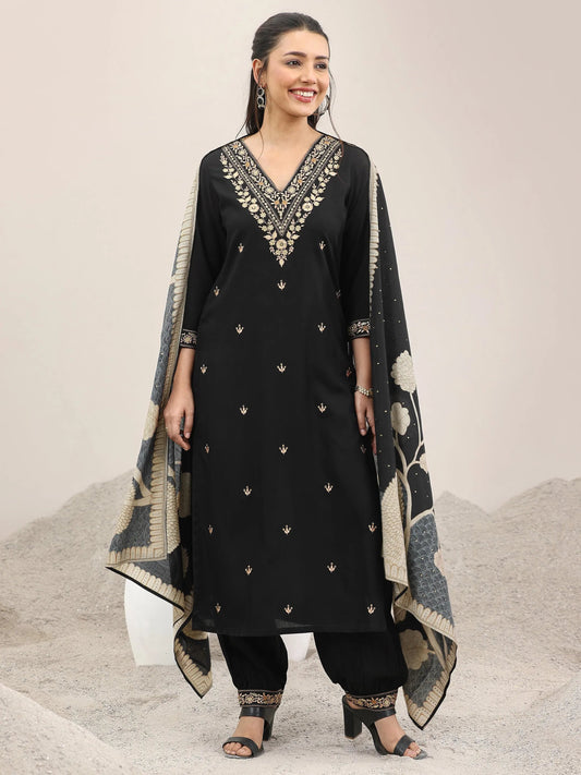 Black Embroidered Rayon Straight Suit With Dupatta