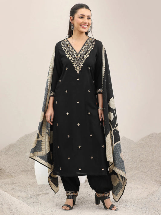 Black Embroidered Rayon Straight Suit With Dupatta
