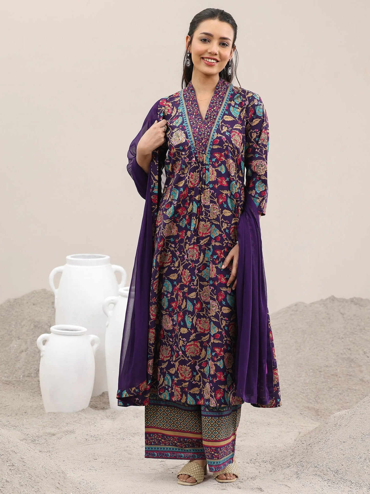 Purple Printed Cotton A-Line Kurta With Palazzos & Dupatta