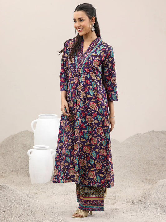 Purple Printed Cotton A-Line Suit Set With Dupatta