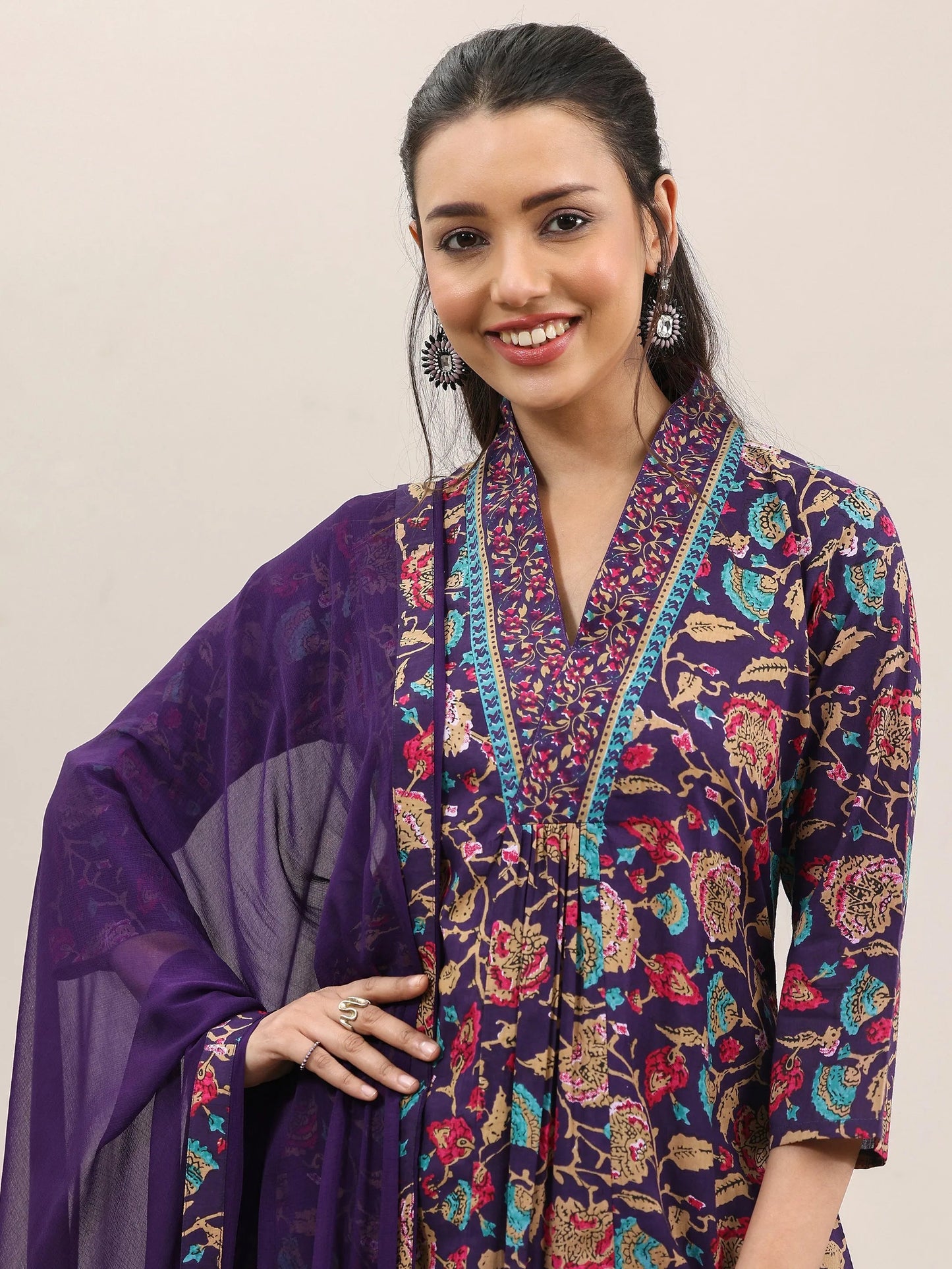 Purple Printed Cotton A-Line Kurta With Palazzos & Dupatta