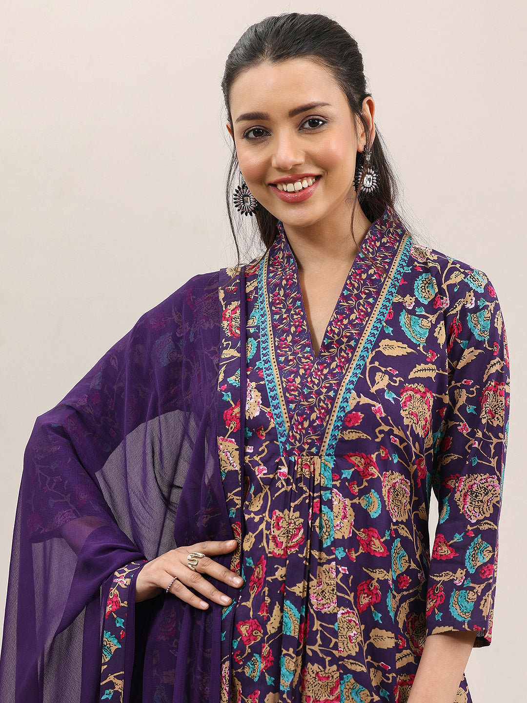 Purple Printed Cotton A-Line Suit Set With Dupatta