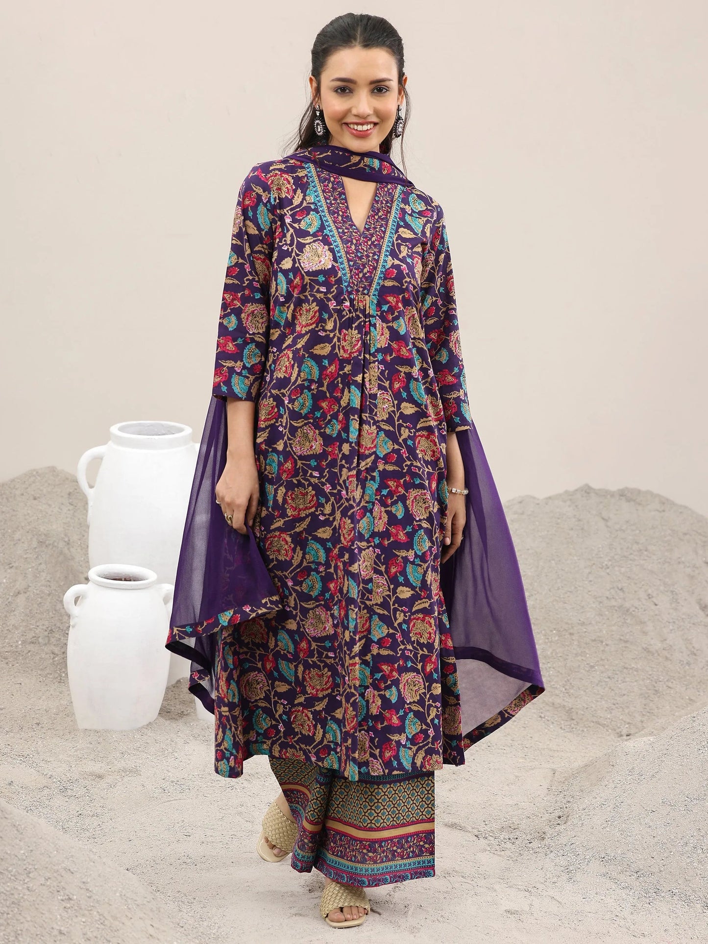 Purple Printed Cotton A-Line Kurta With Palazzos & Dupatta