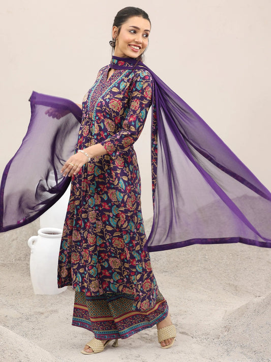 Purple Printed Cotton A-Line Kurta With Palazzos & Dupatta