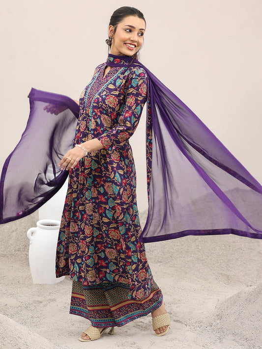 Purple Printed Cotton A-Line Suit Set With Dupatta