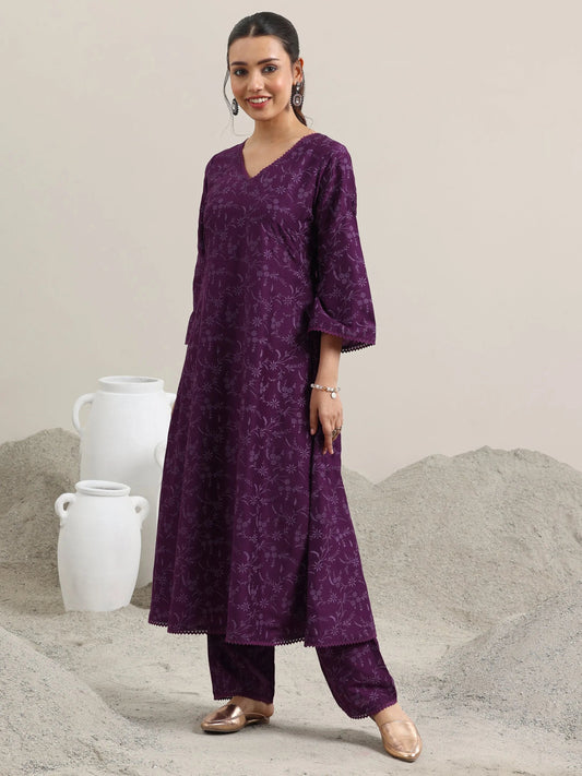 Purple Printed Silk Blend A-Line Kurta With Trousers & Dupatta