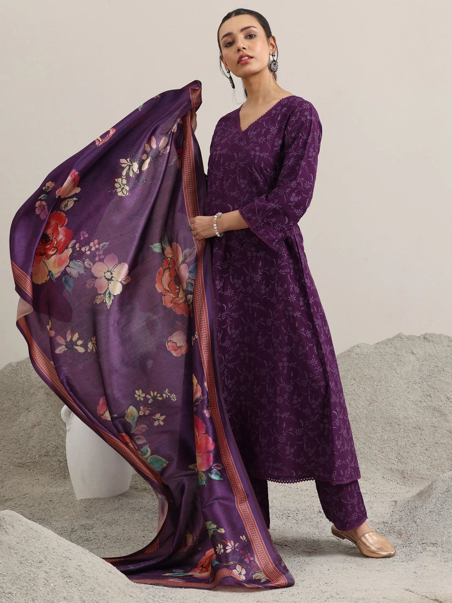 Purple Printed Silk Blend A-Line Kurta With Trousers & Dupatta