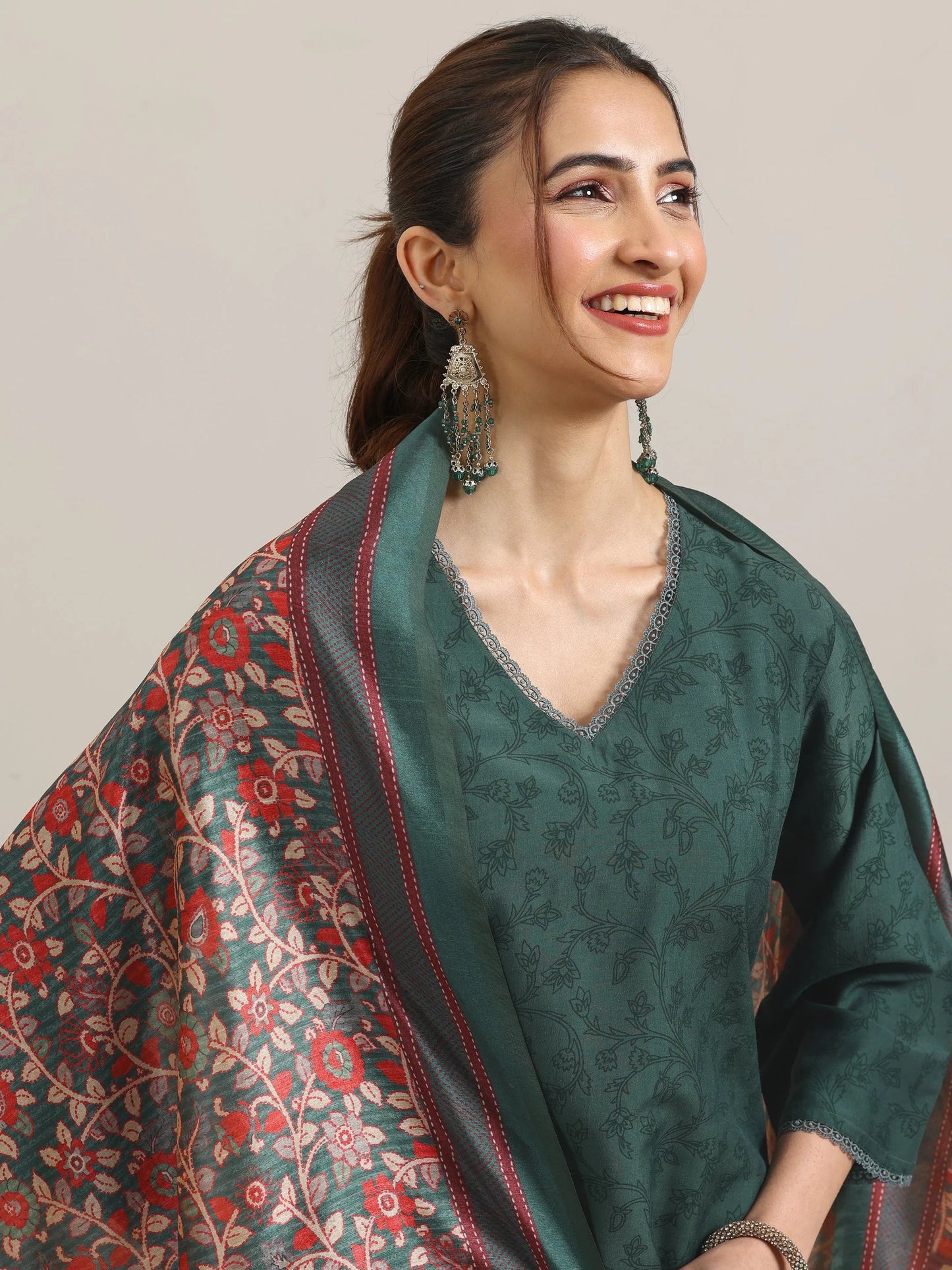 Green Printed Silk Blend A-Line Kurta With Trousers & Dupatta