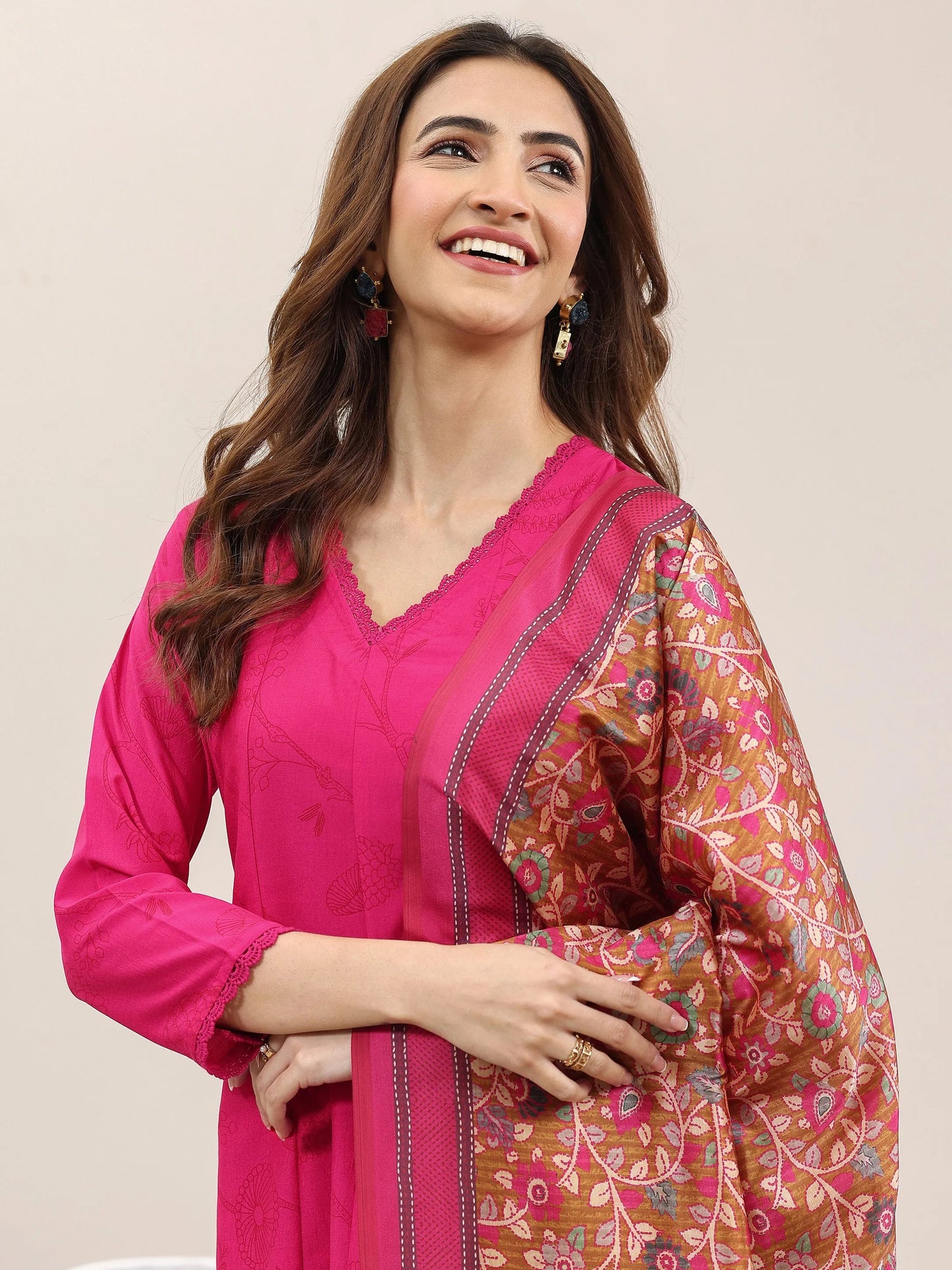 Pink Printed Silk Blend A-Line Kurta With Trousers & Dupatta