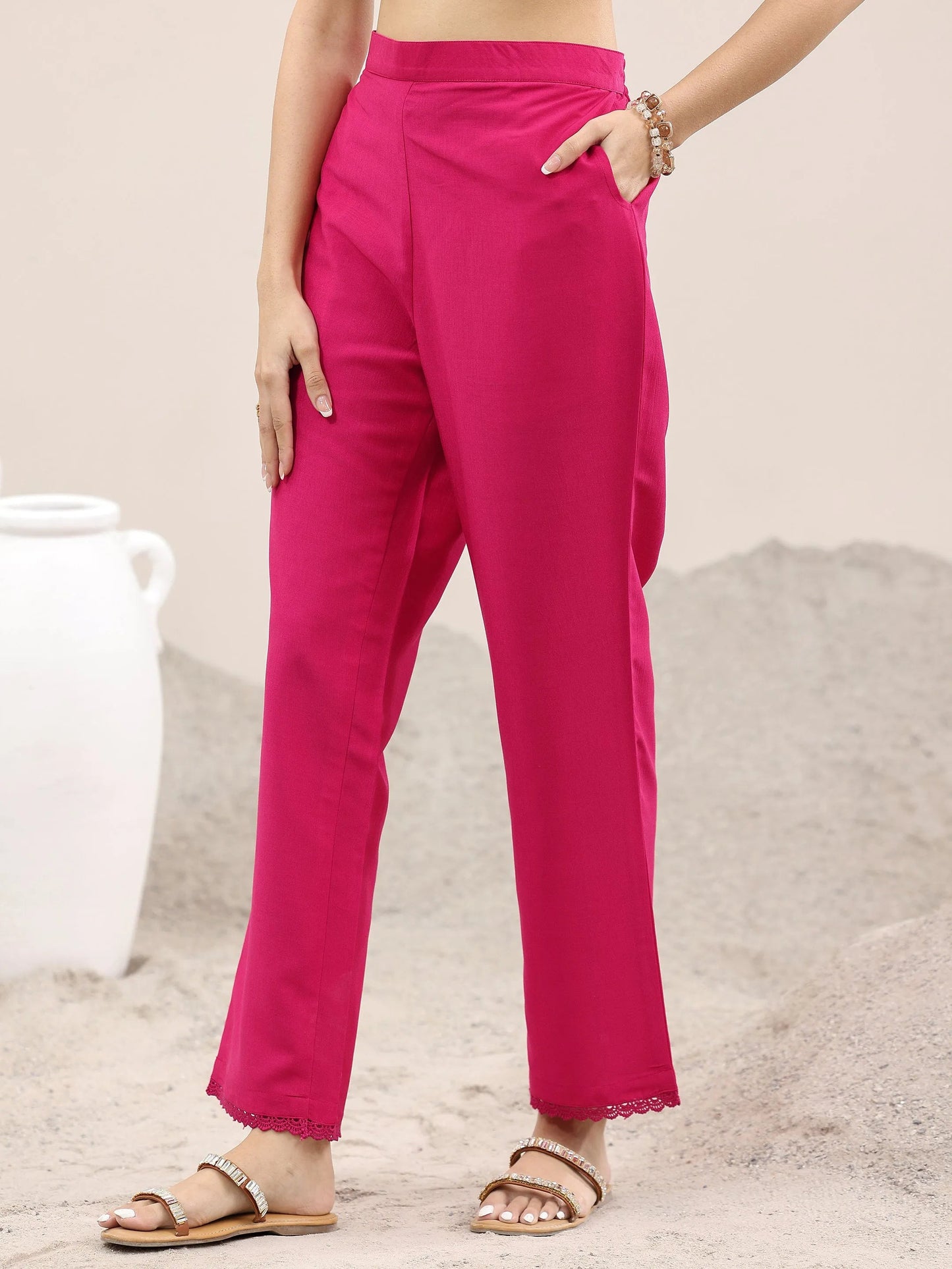 Pink Printed Silk Blend A-Line Kurta With Trousers & Dupatta