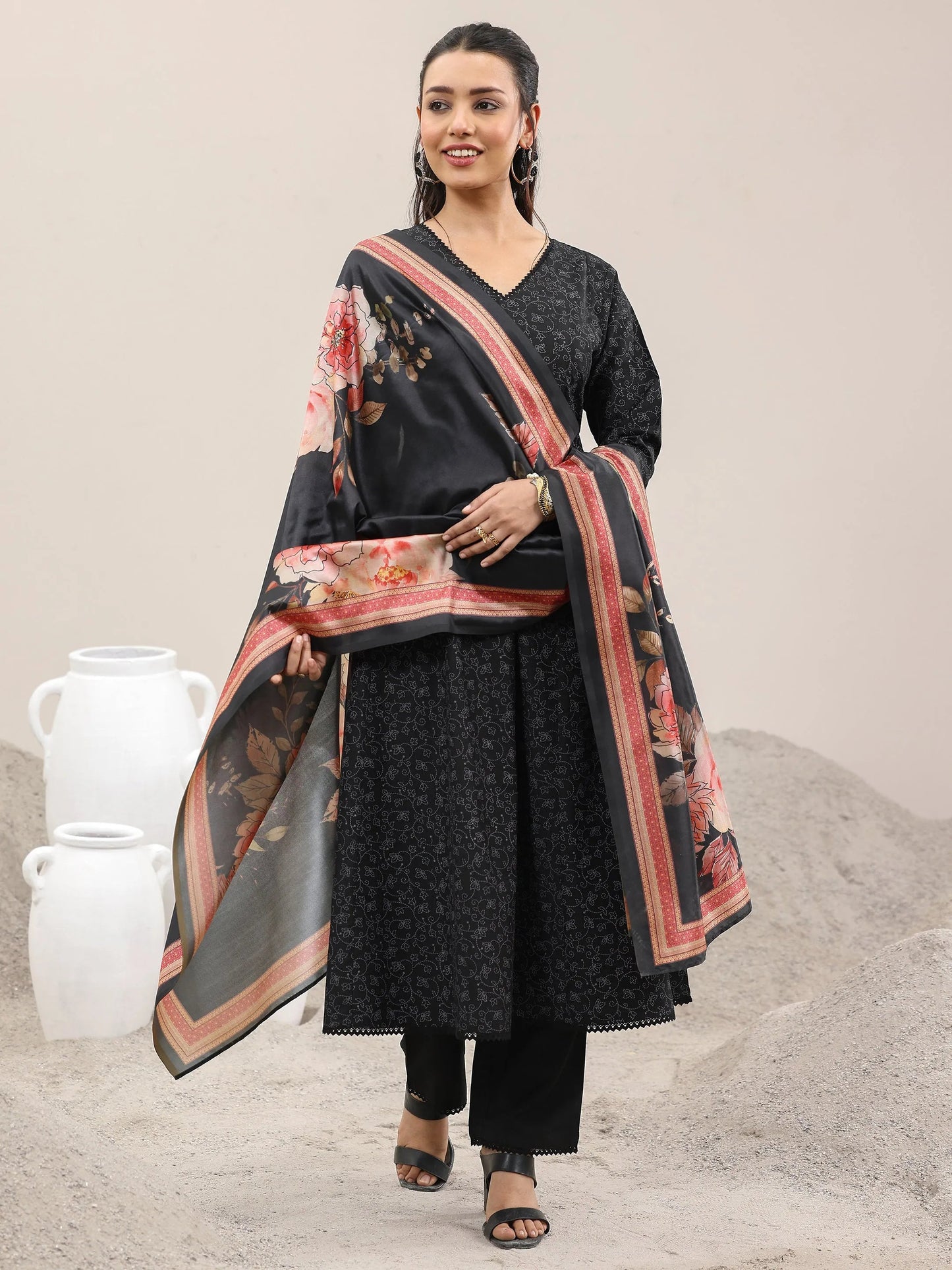 Black Printed Silk Blend A-Line Kurta With Trousers & Dupatta