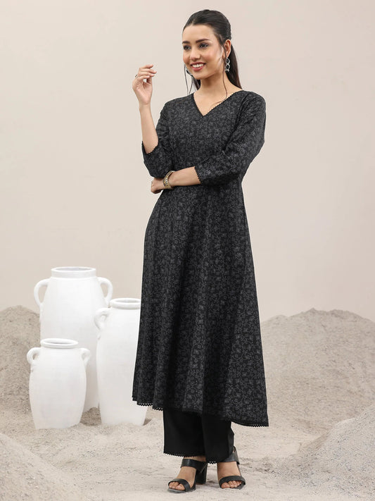 Black Printed Silk Blend A-Line Kurta With Trousers & Dupatta