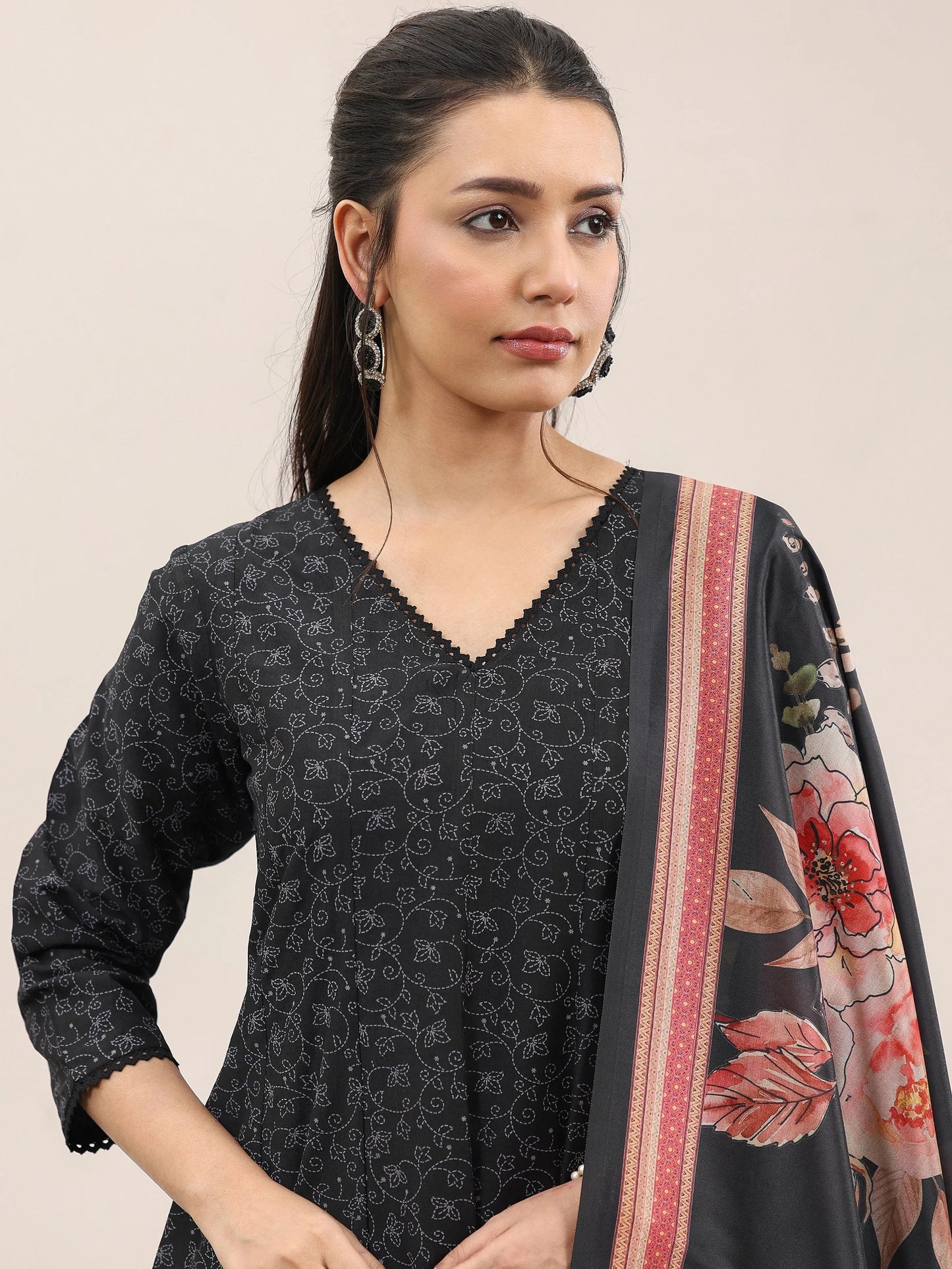 Black Printed Silk Blend A-Line Kurta With Trousers & Dupatta