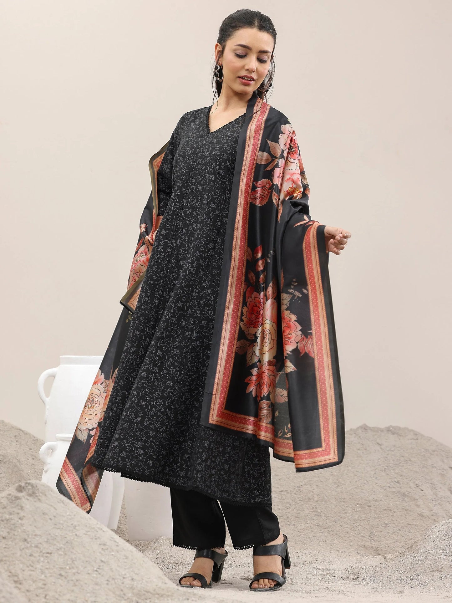 Black Printed Silk Blend A-Line Kurta With Trousers & Dupatta