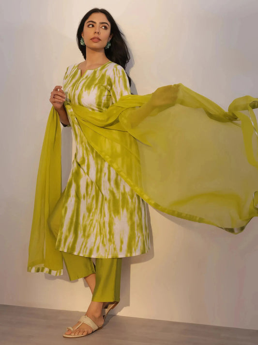 Green Printed Cotton Straight Suit With Dupatta