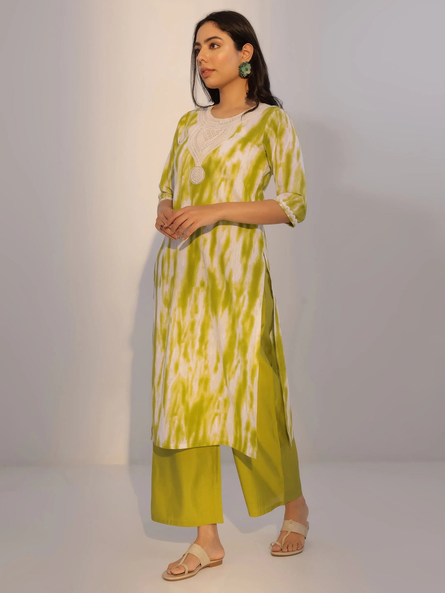 Green Printed Cotton Straight Kurta Set