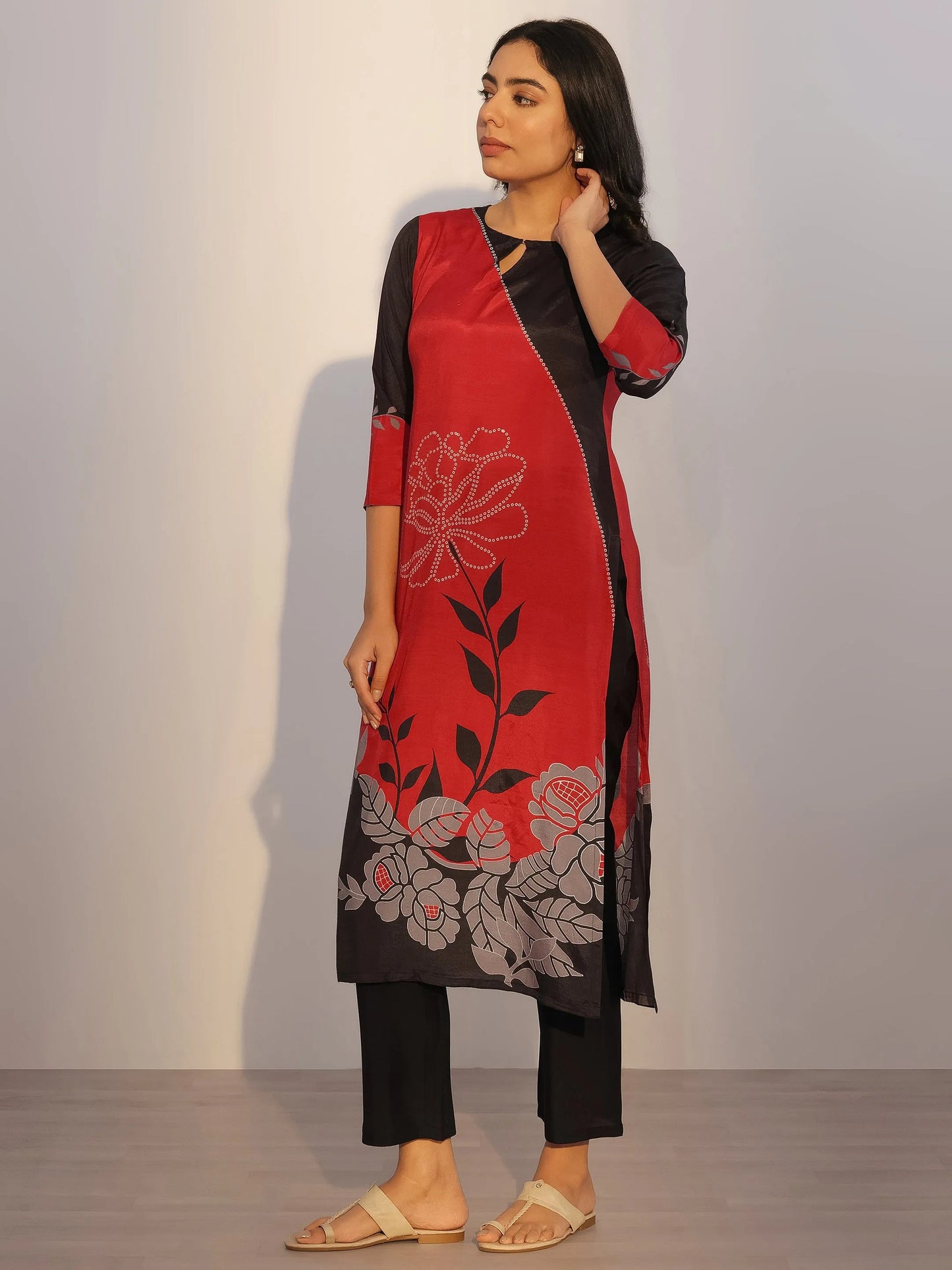Red Printed Silk Blend Straight Suit With Dupatta