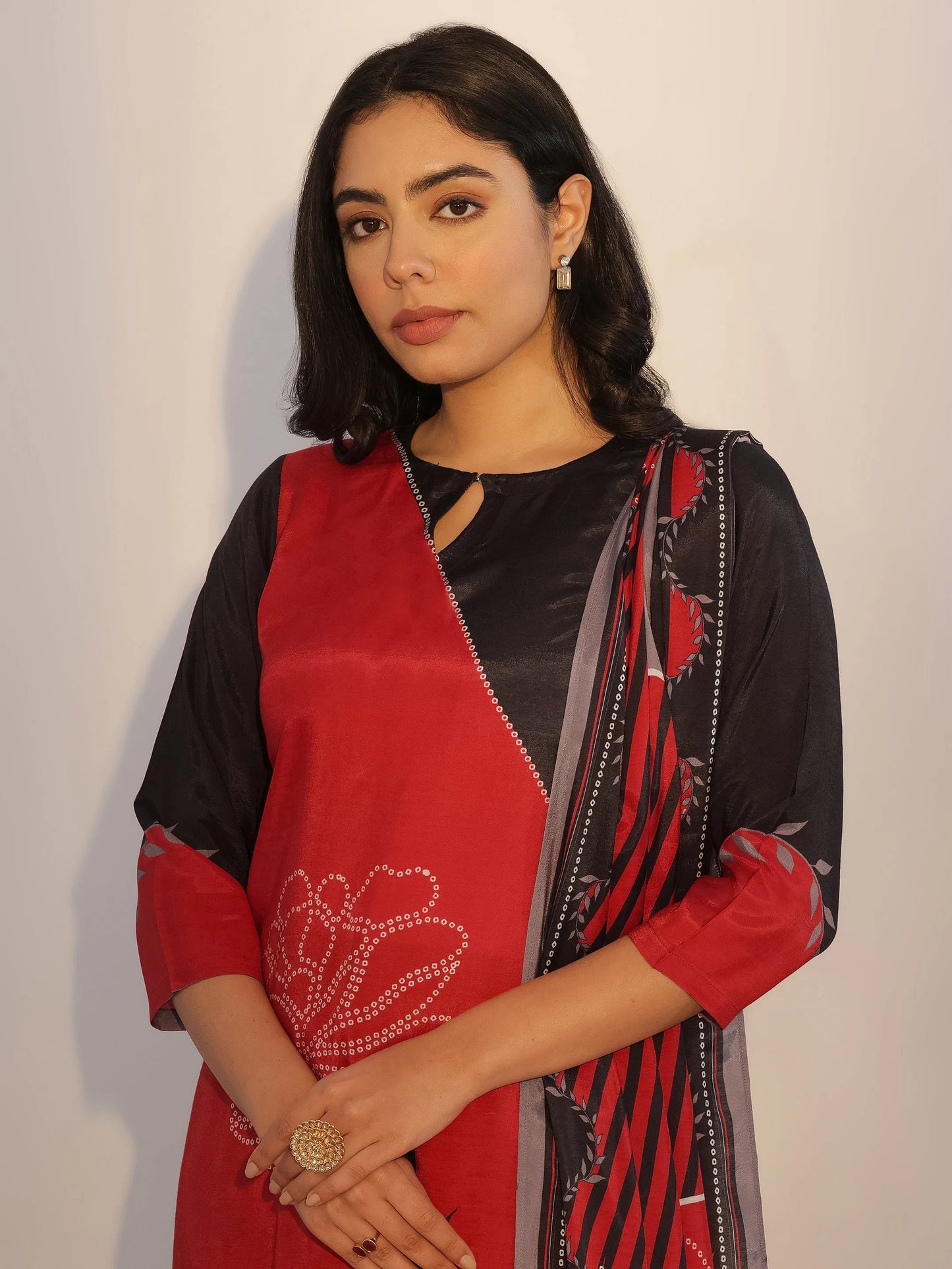 Red Printed Silk Blend Straight Suit With Dupatta
