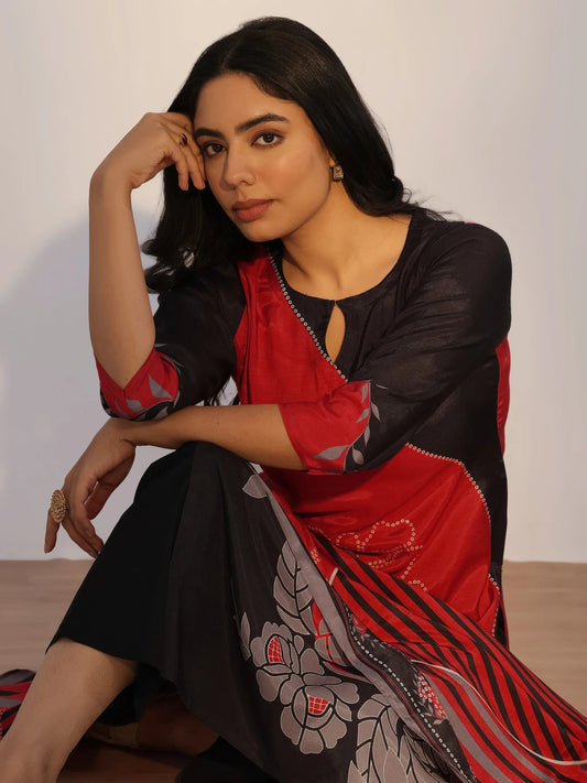 Red Printed Silk Blend Straight Suit With Dupatta