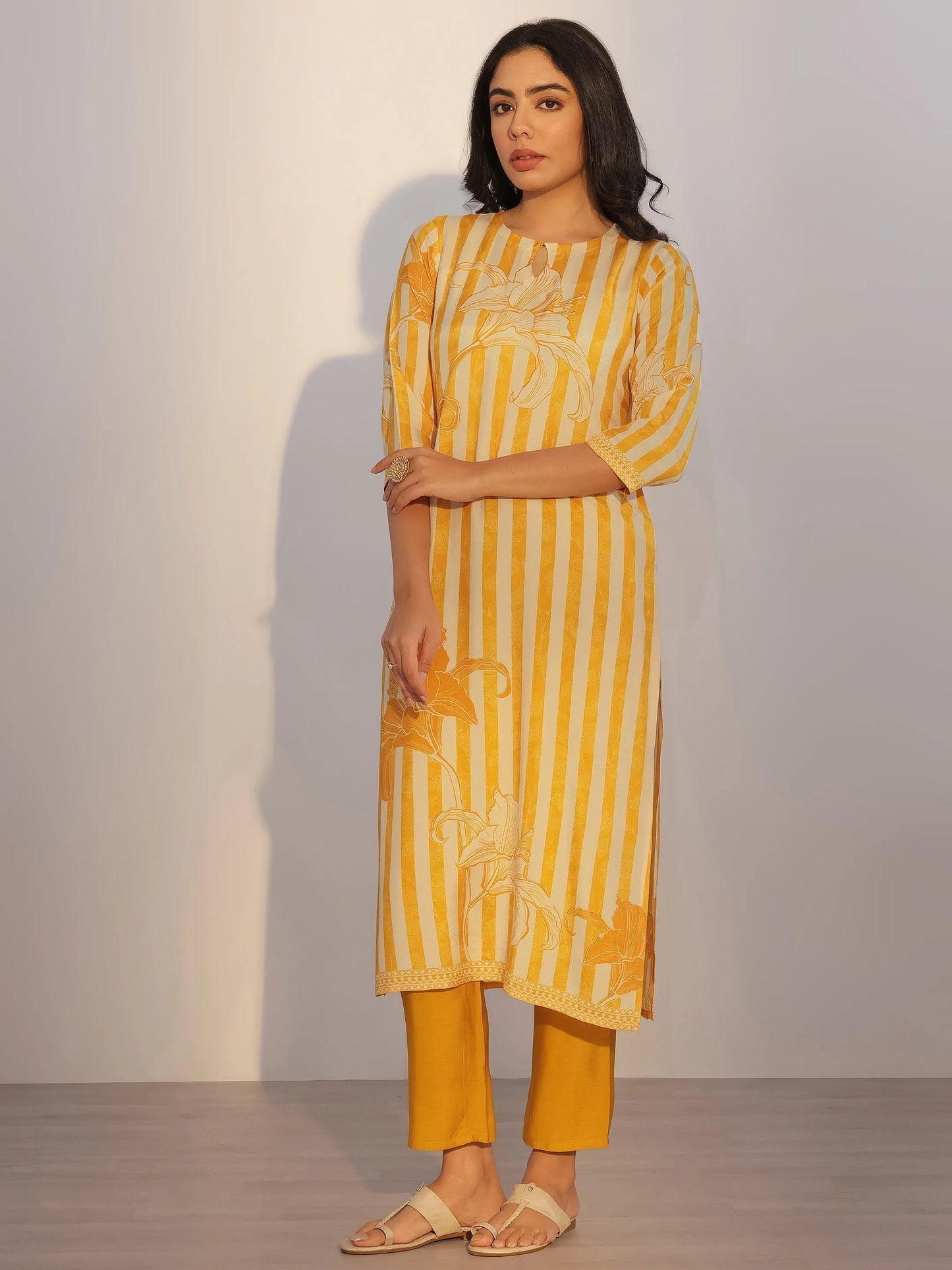 Mustard Printed Silk Blend Straight Suit With Dupatta