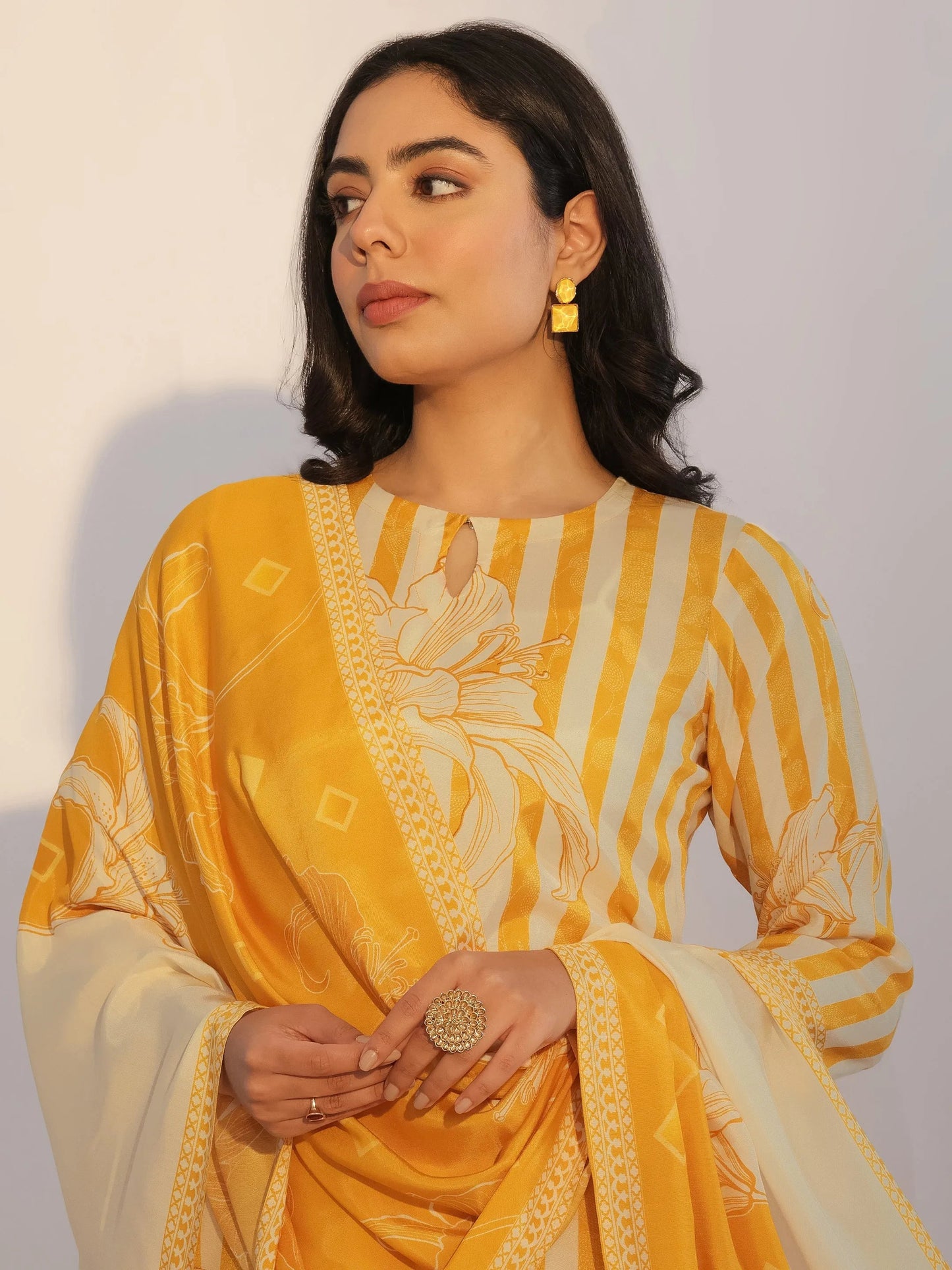 Mustard Printed Silk Blend Straight Suit With Dupatta