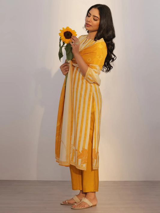 Mustard Printed Silk Blend Straight Suit With Dupatta