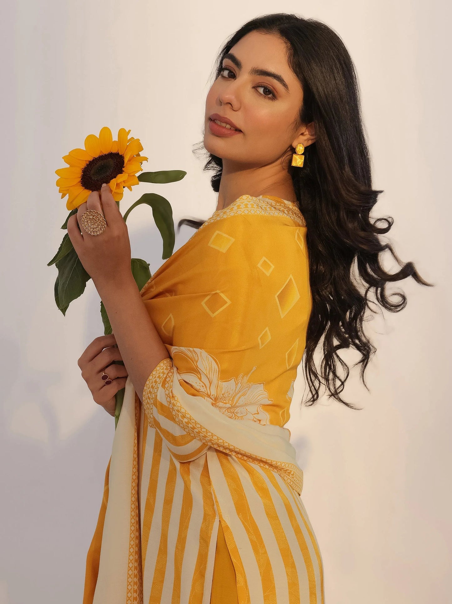 Mustard Printed Silk Blend Straight Suit With Dupatta