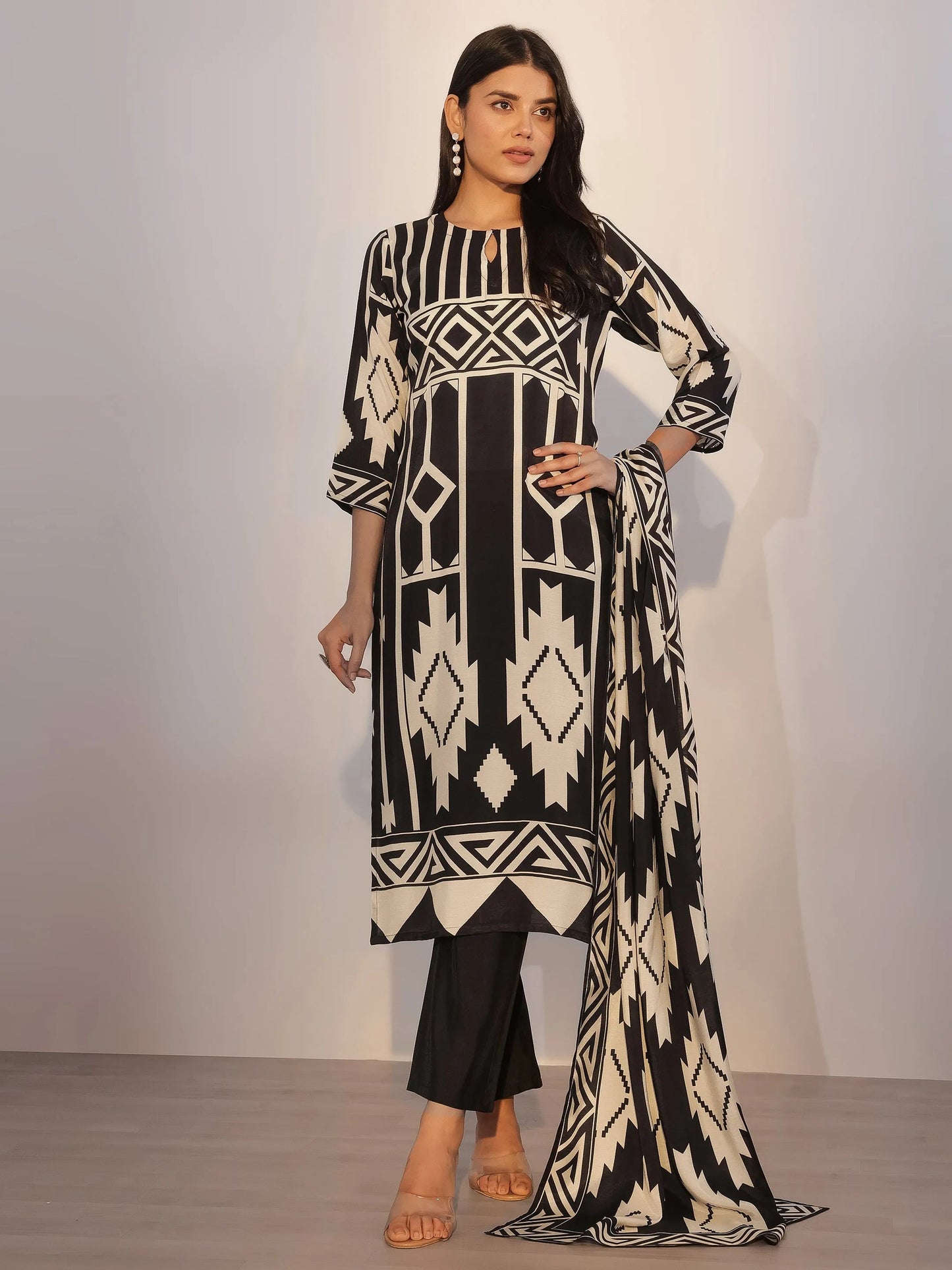 Black Printed Silk Blend Straight Suit With Dupatta