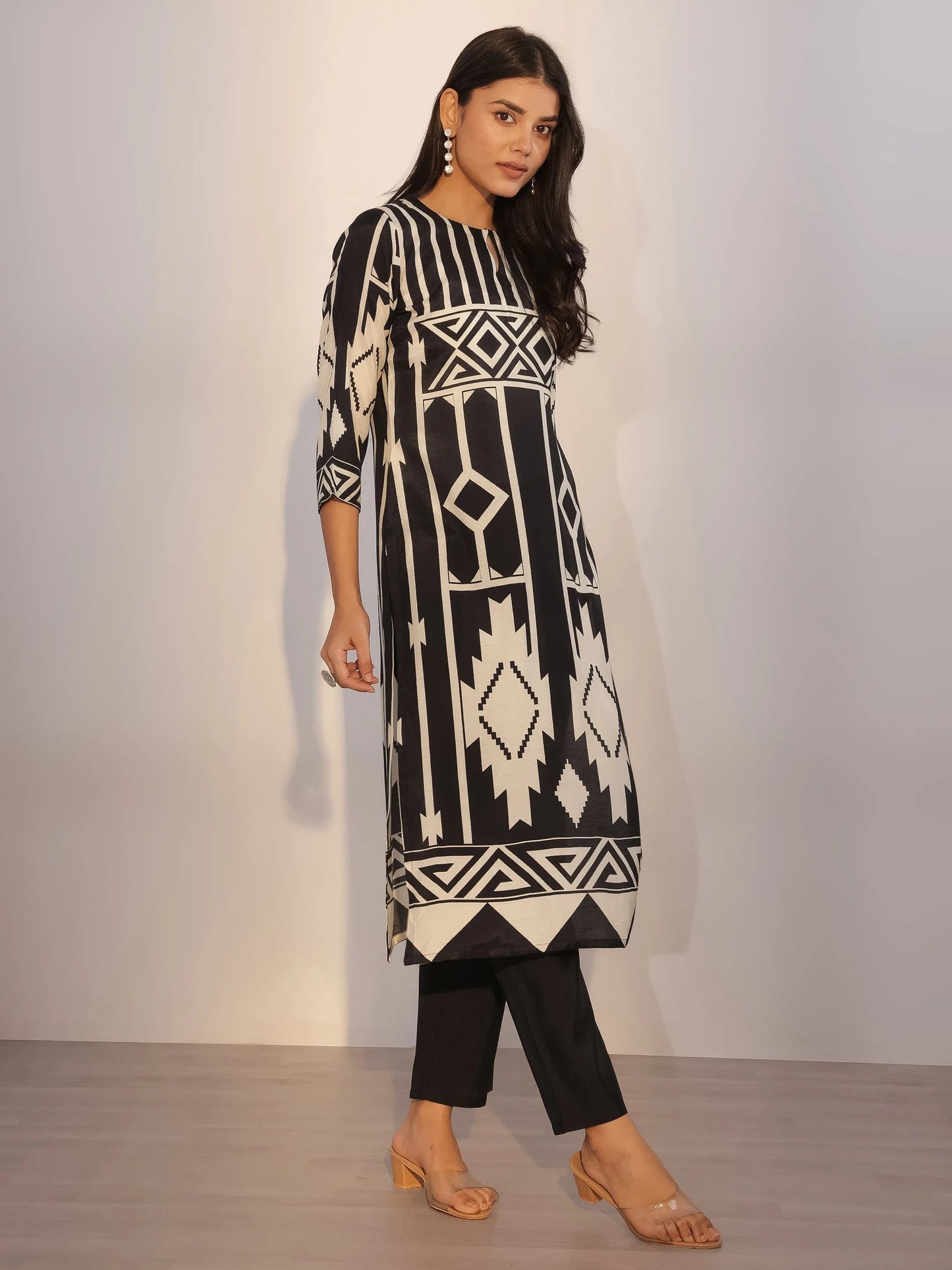 Black Printed Silk Blend Straight Suit With Dupatta