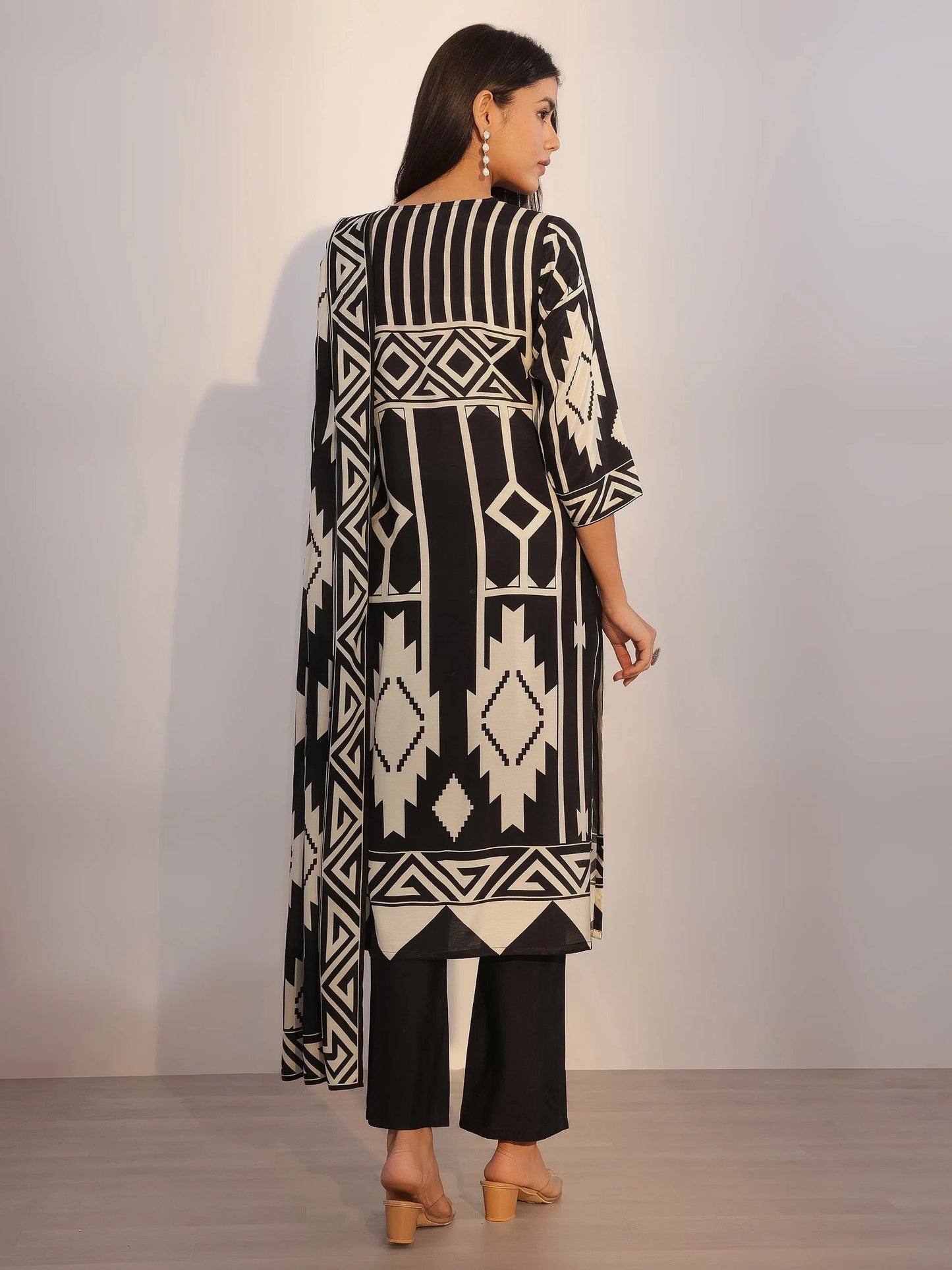 Black Printed Silk Blend Straight Suit With Dupatta