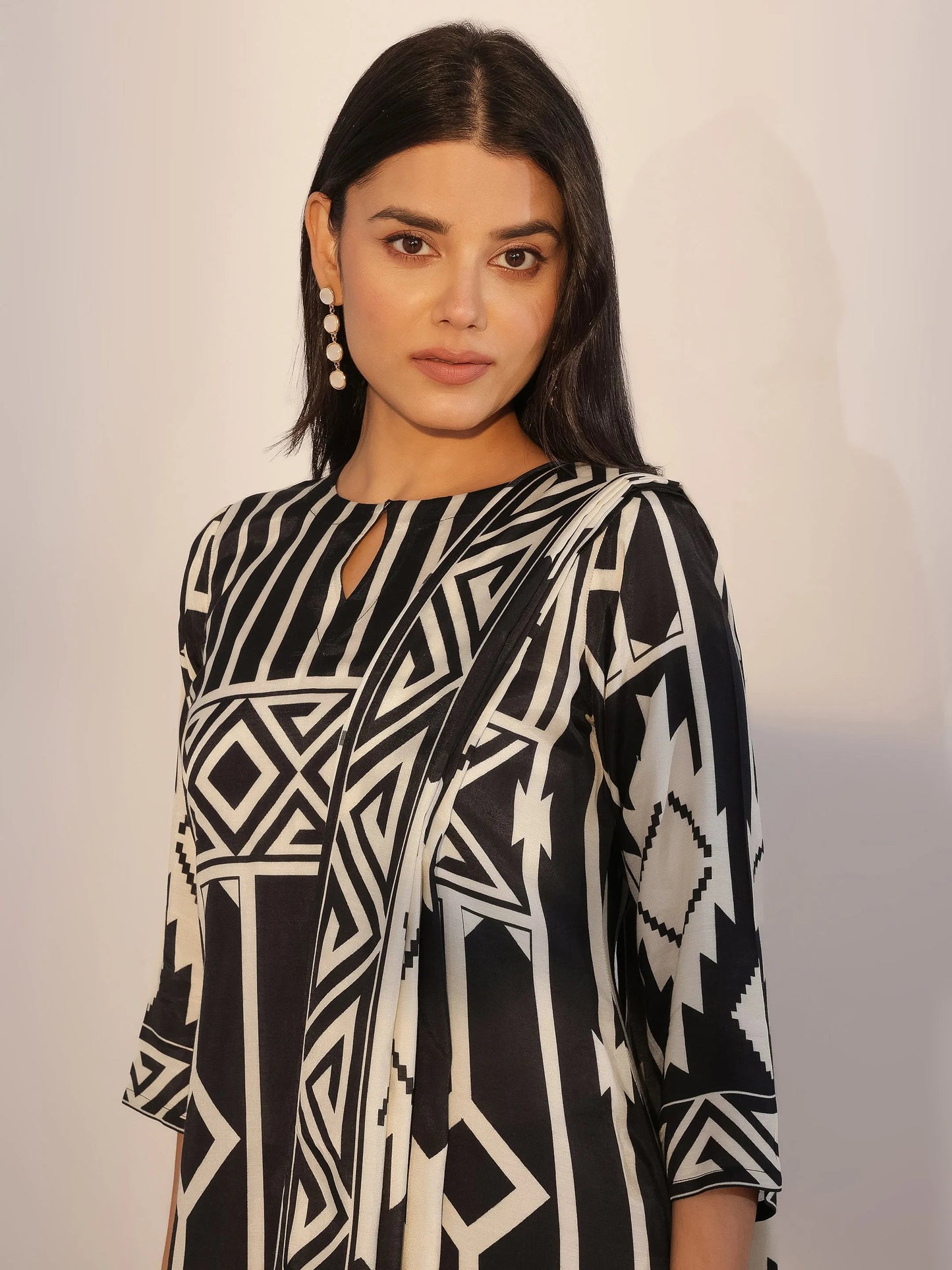 Black Printed Silk Blend Straight Suit With Dupatta