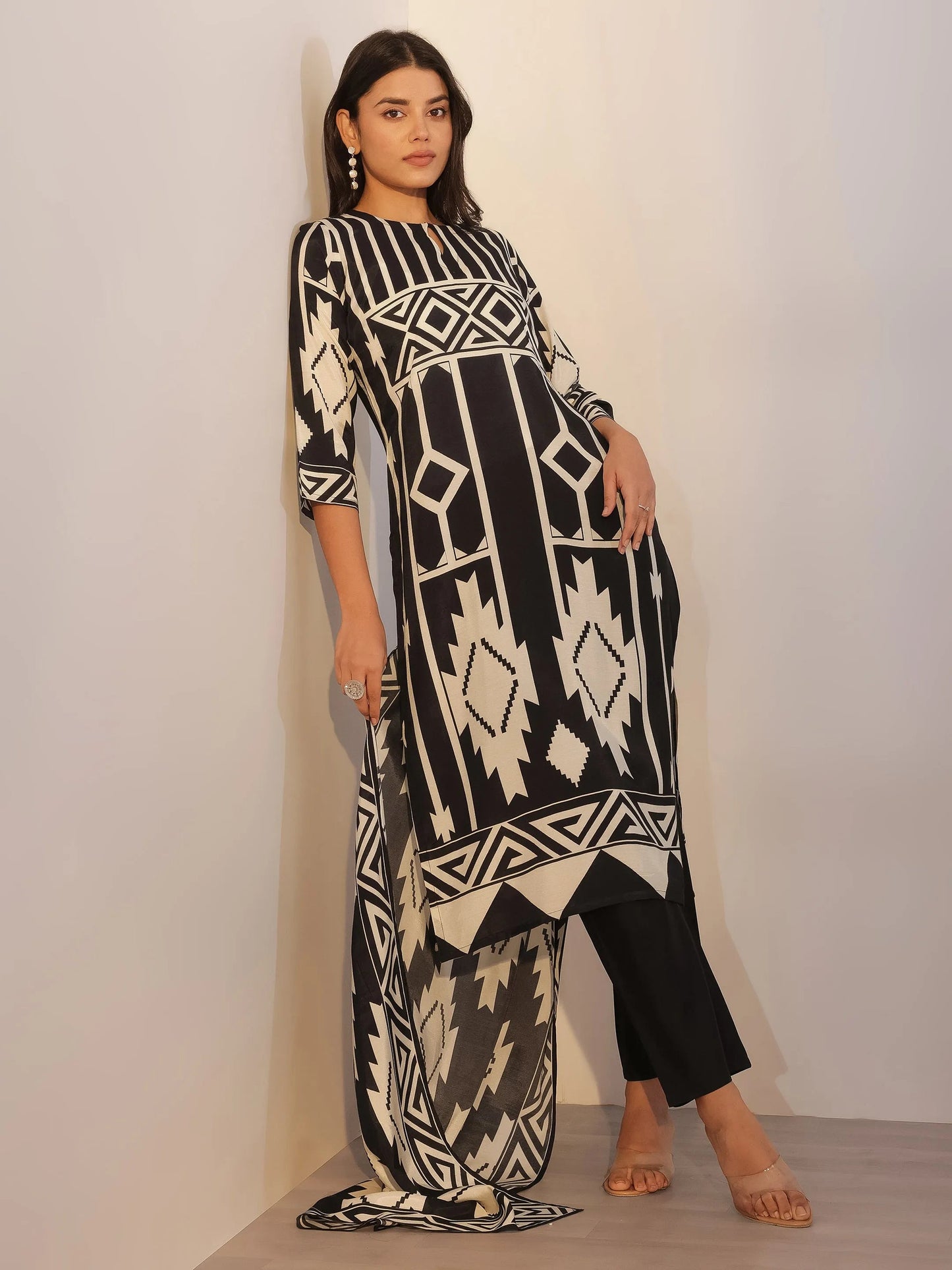 Black Printed Silk Blend Straight Suit With Dupatta