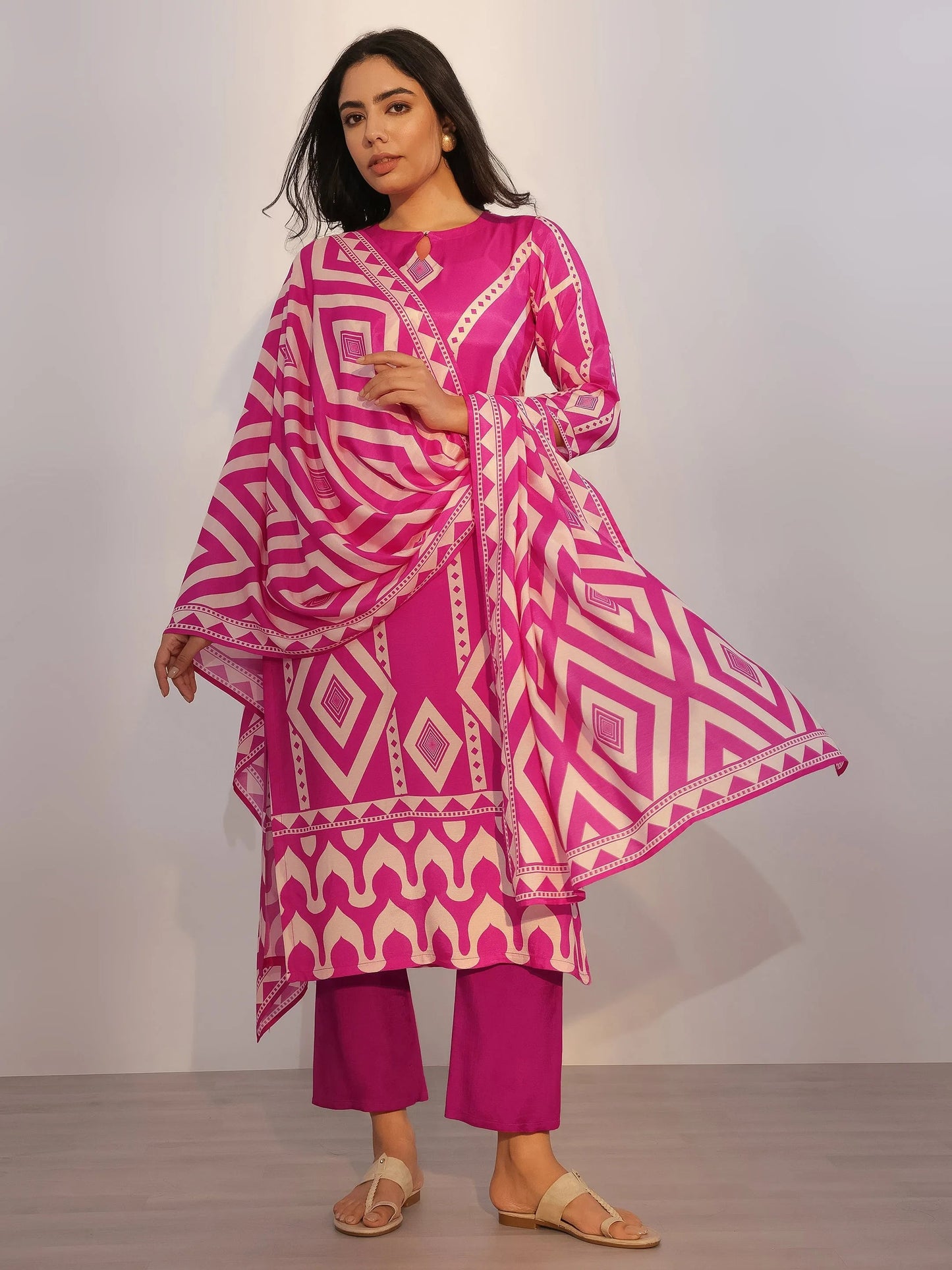 Pink Printed Silk Blend Straight Suit With Dupatta