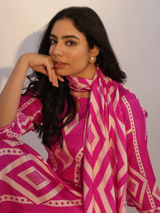 Pink Printed Silk Blend Straight Suit With Dupatta