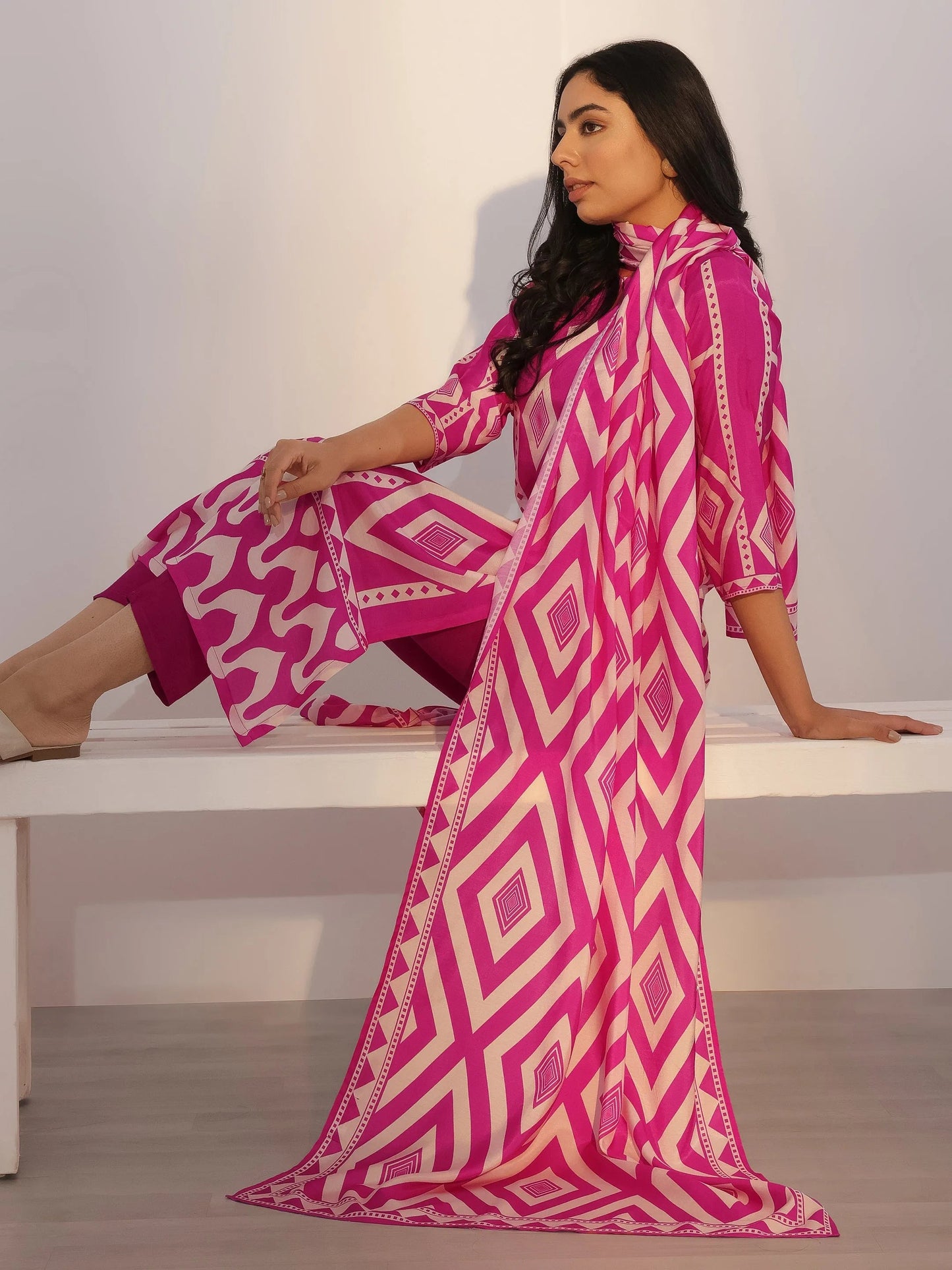 Pink Printed Silk Blend Straight Suit With Dupatta